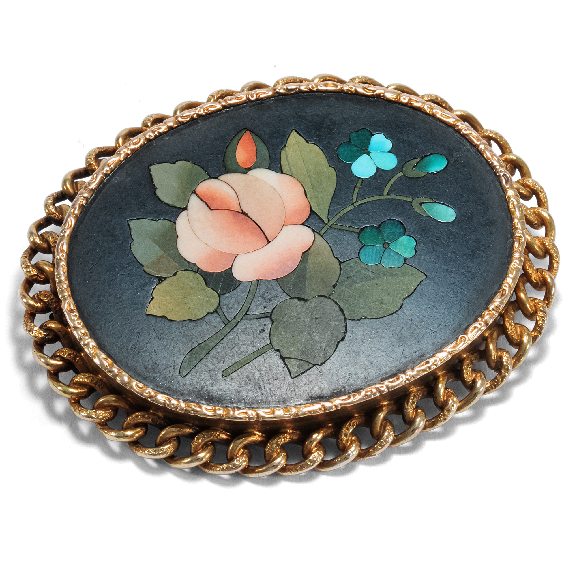 Antique Pietra Dura brooch with roses & forget-me-nots, Florence ca. 1860