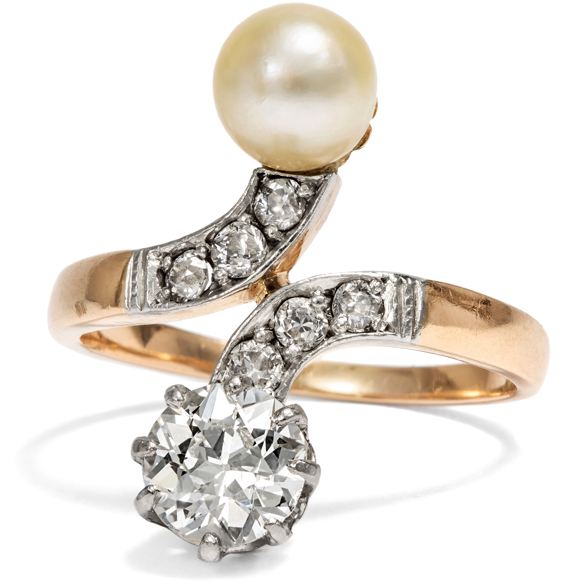 Magnificent Toi-et-Moi Ring with Natural Pearl & Diamonds, c. 1900 Magnificent Toi-et-Moi Ring with Natural Pearl & Diamonds, c. 1900