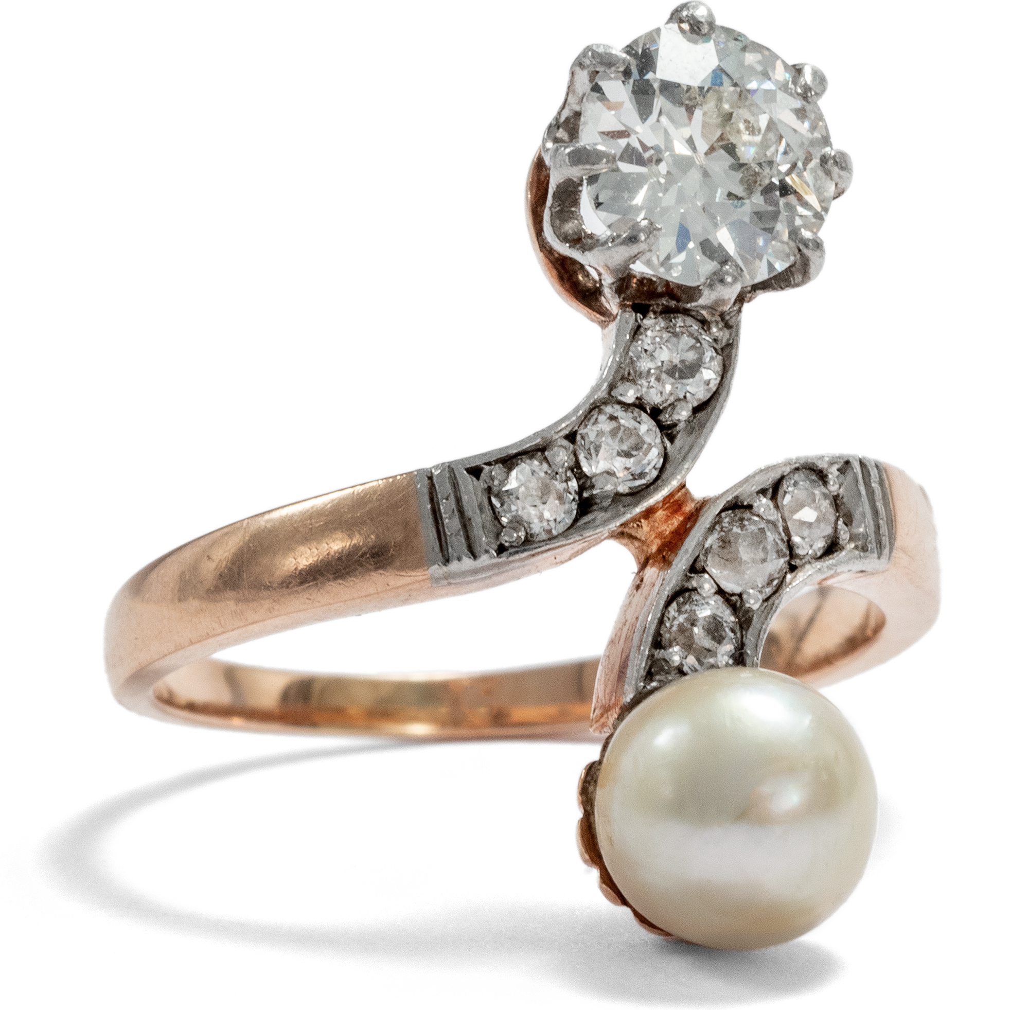 Splendid Toi-et-Moi Ring with Natural Pearl & Diamonds, circa 1900