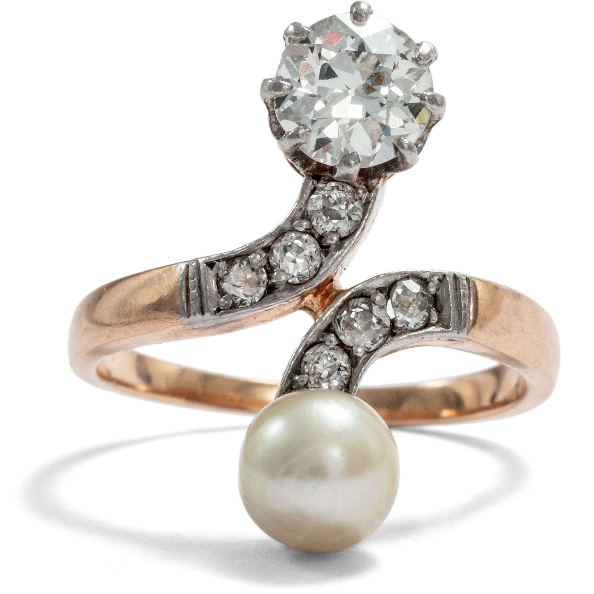 Splendid Toi-et-Moi Ring with Natural Pearl & Diamonds, circa 1900