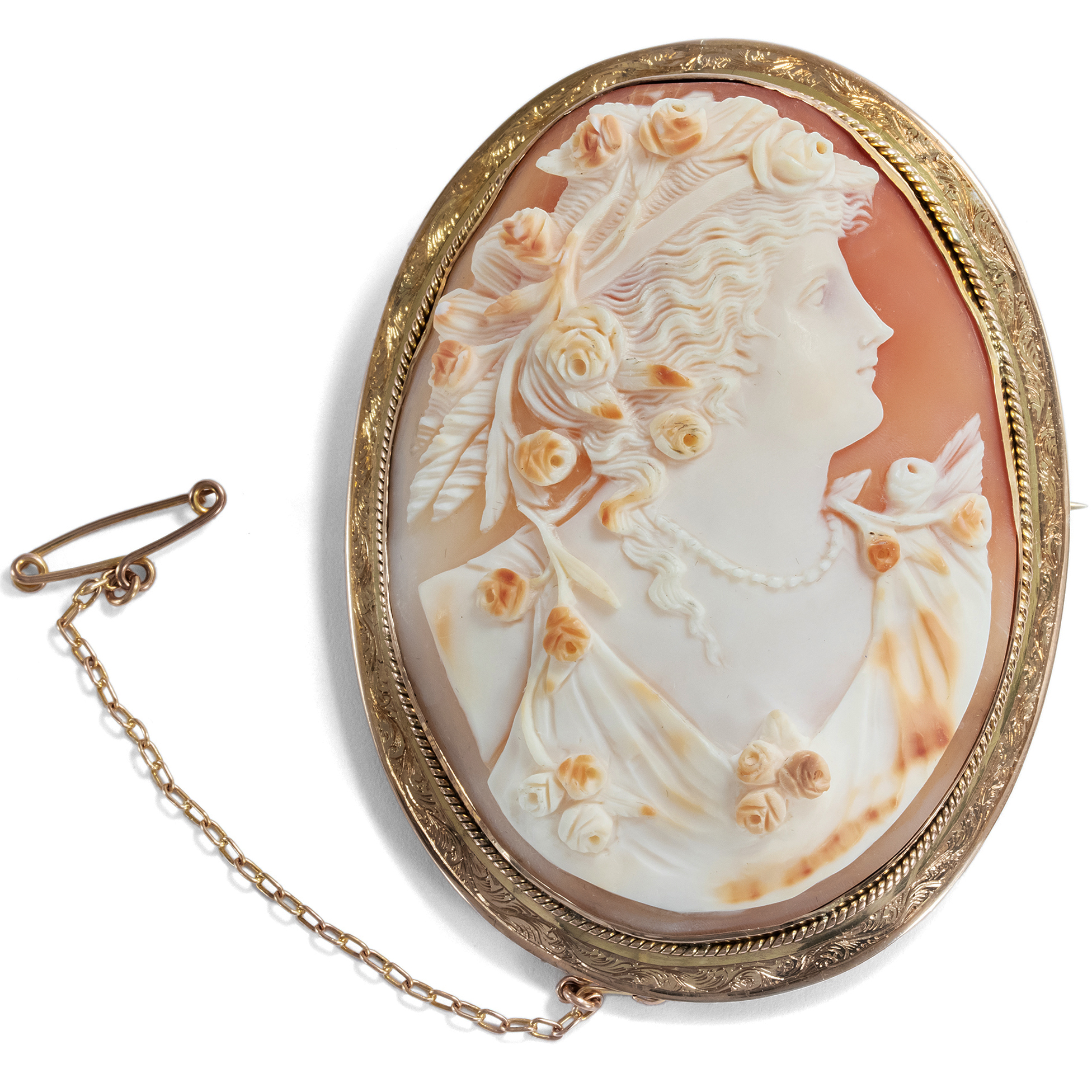 Large Shell Cameo of Flora as a Brooch, Great Britain ca. 1880