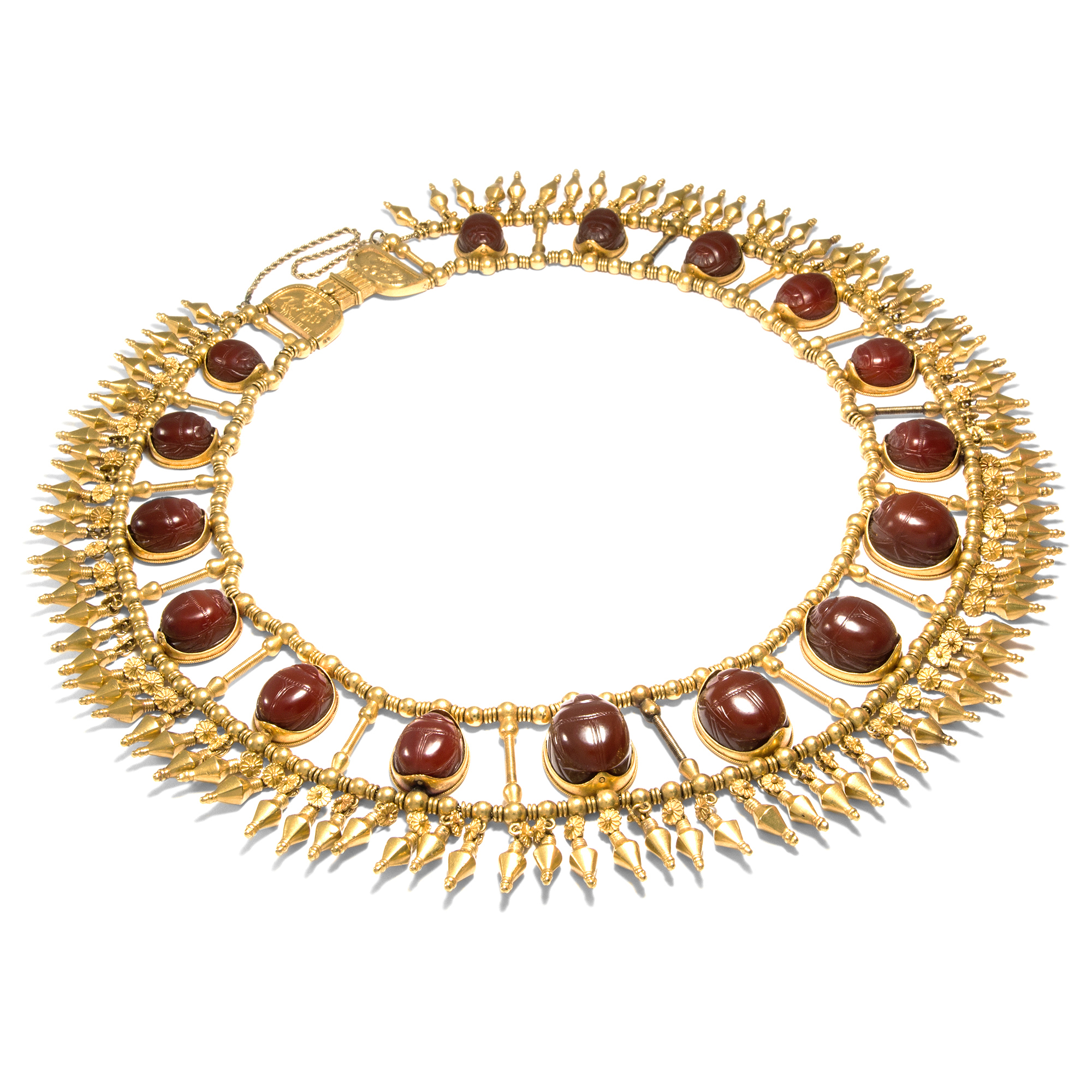 Spectacular Gold Necklace in the Archaeological Style with Carnelian Scarabs, 1870s