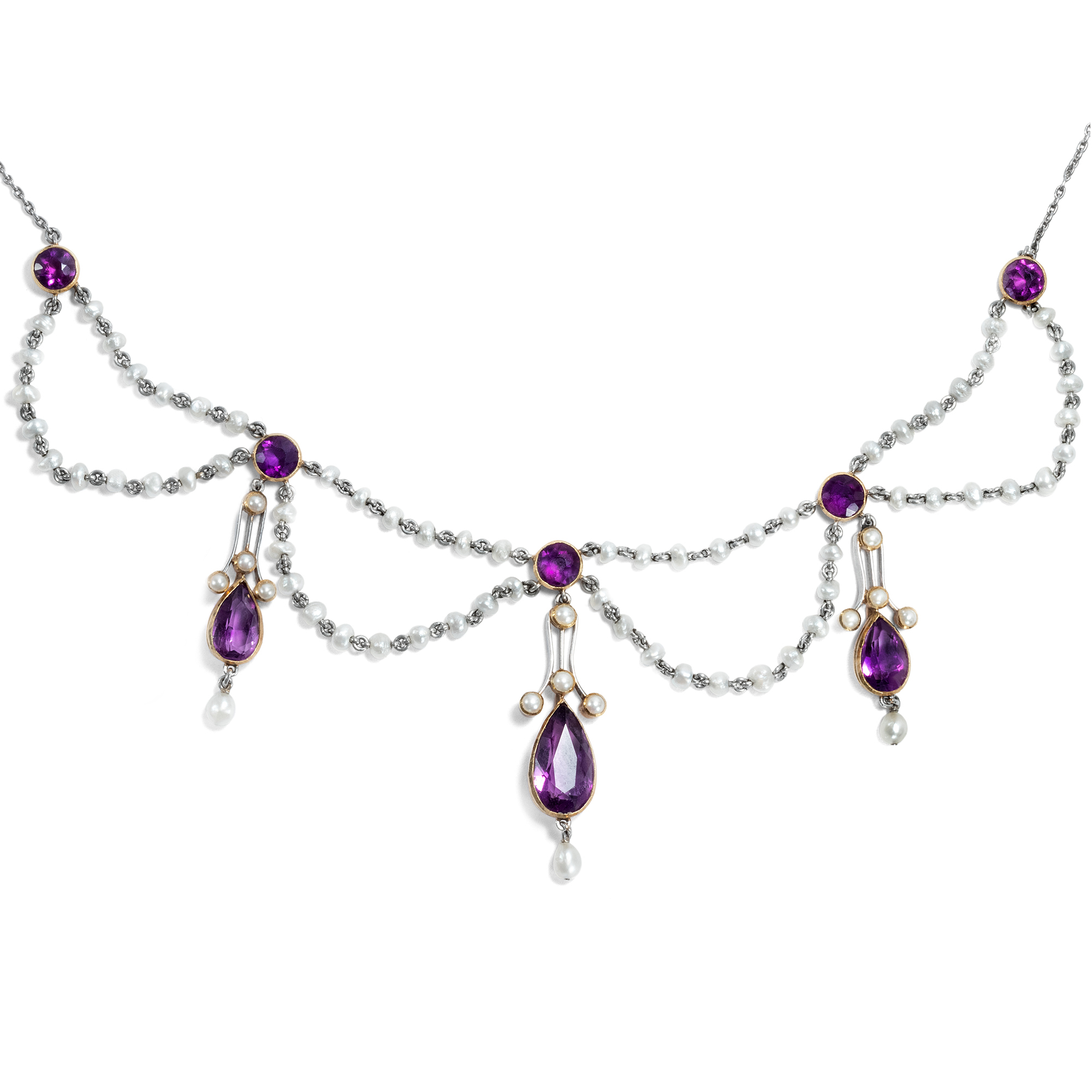 Wonderful Antique Amethyst & Pearl Necklace in Platinum & Gold, ca. 1905