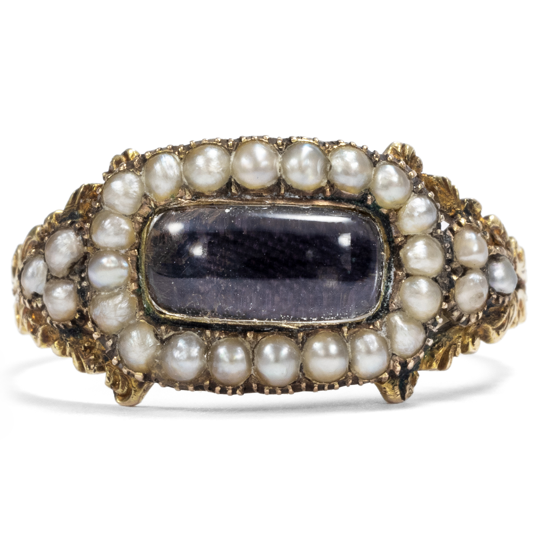 English Pearl Ring With Hair Inlay, Biedermeier ca. 1825