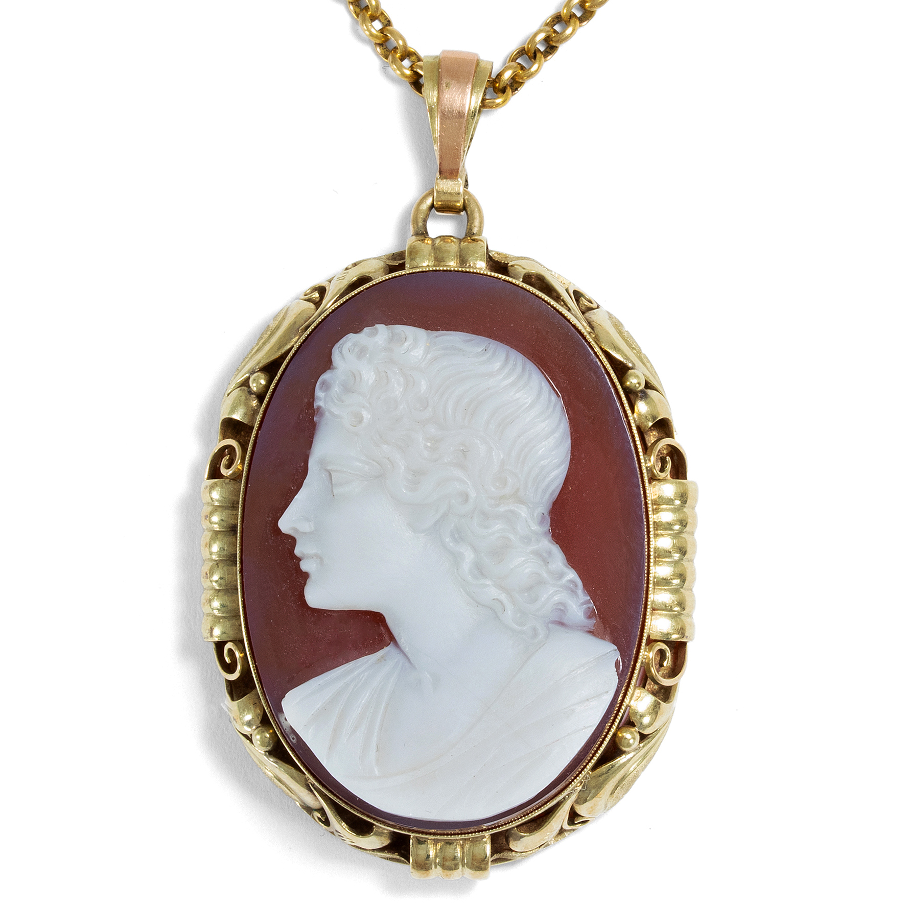 Magnificent Pendant With Layered Agate Cameo of Eirene, Dated 1950