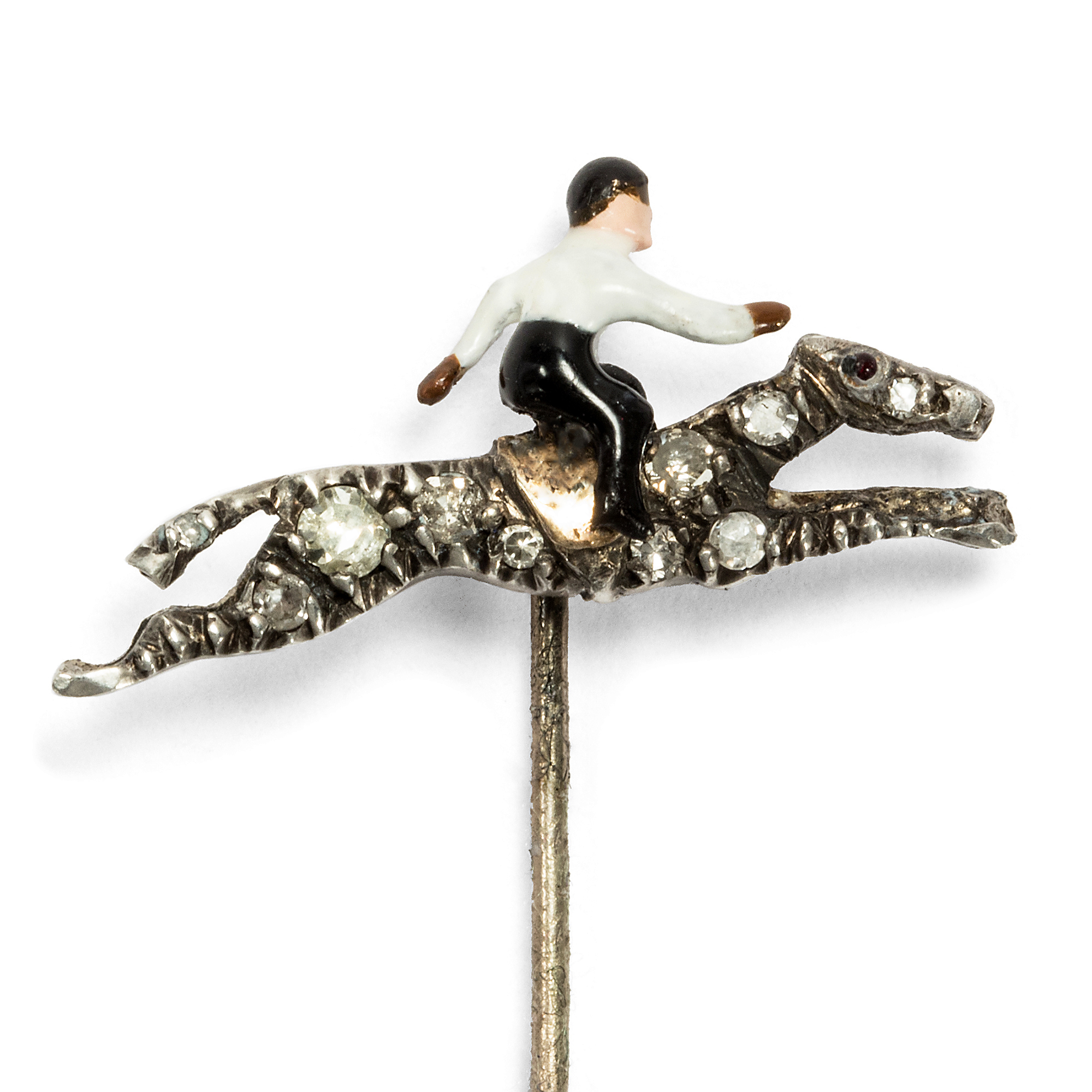 Antique horse jumping lapel pin with enamel & diamonds, England ca. 1895