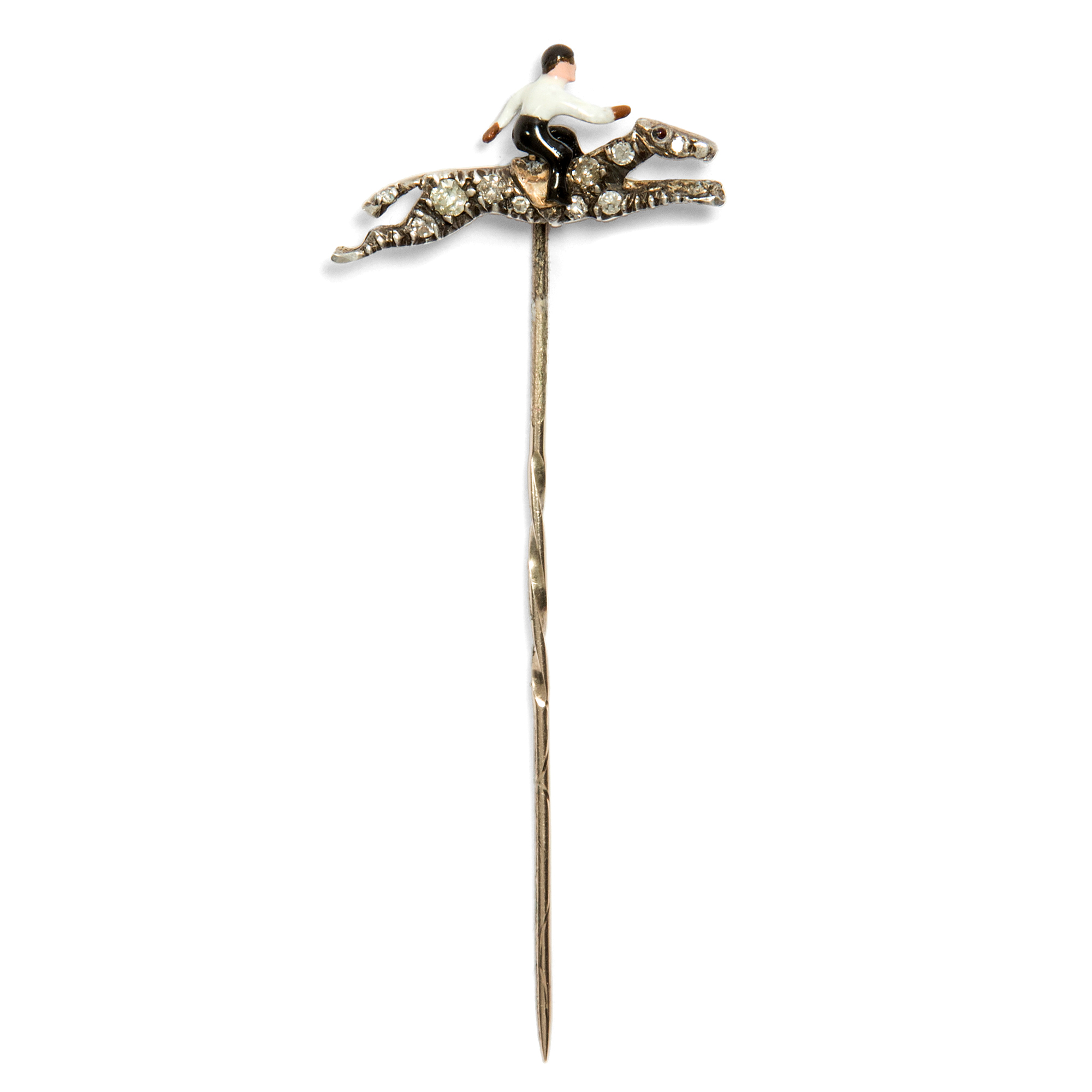 Antique horse jumping lapel pin with enamel & diamonds, England ca. 1895