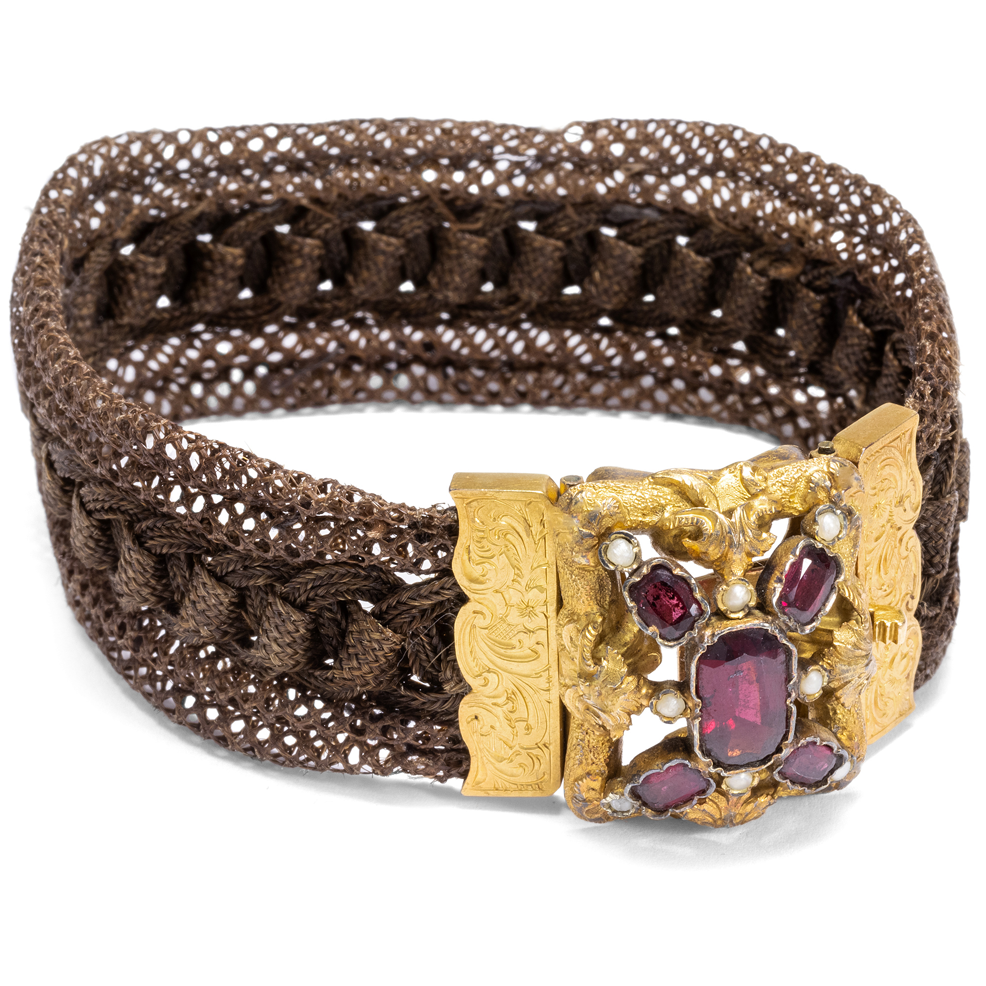 Antique Bracelet Made of Braided Hair, Pearls, Gold & Garnet, Around 1850