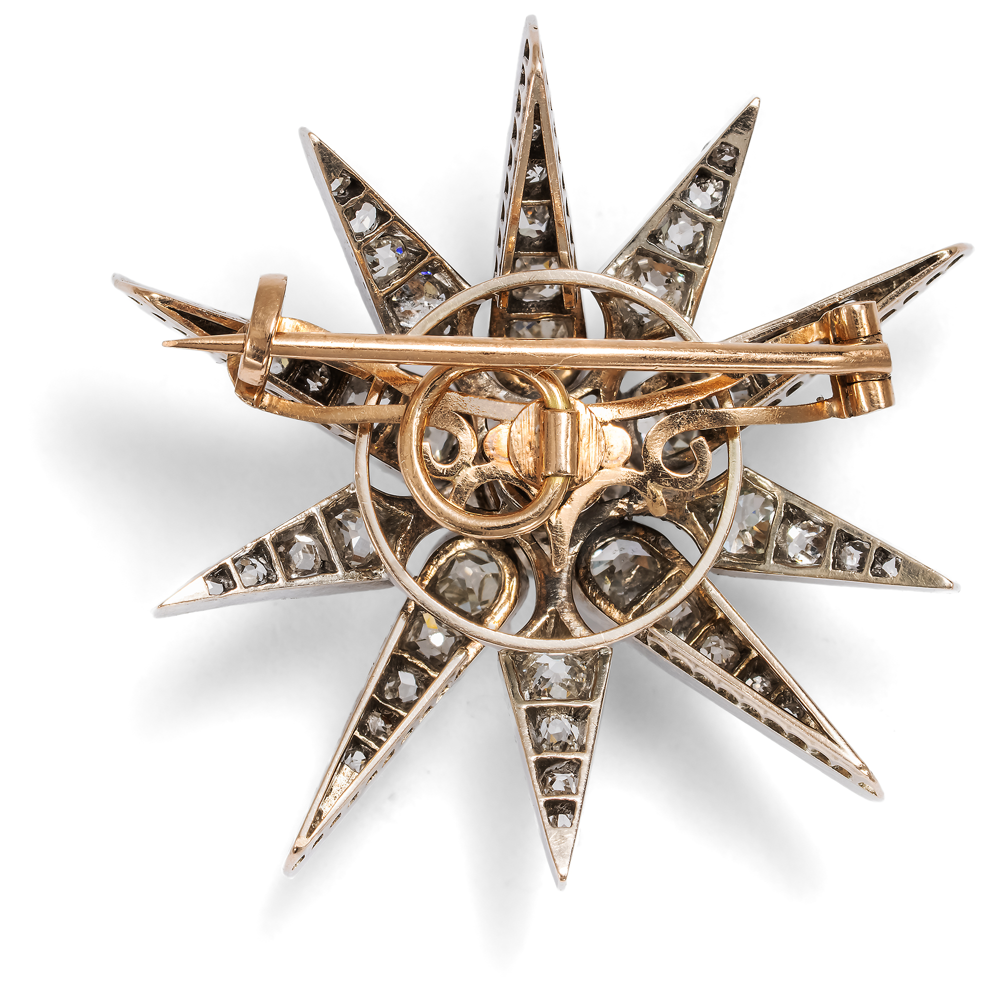 Kostbare Stern-Brosche aus Diamanten in Gold & Silber, um 1880 Kostbare Stern-Brosche aus Diamanten in Gold & Silber, um 1880