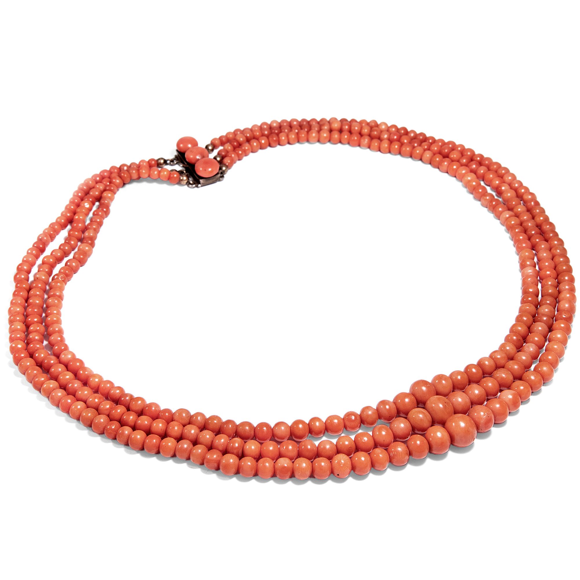 Antique Necklace Made of Three Rows of Salmon-Coloured Mediterranean Coral, Italy ca. 1900
