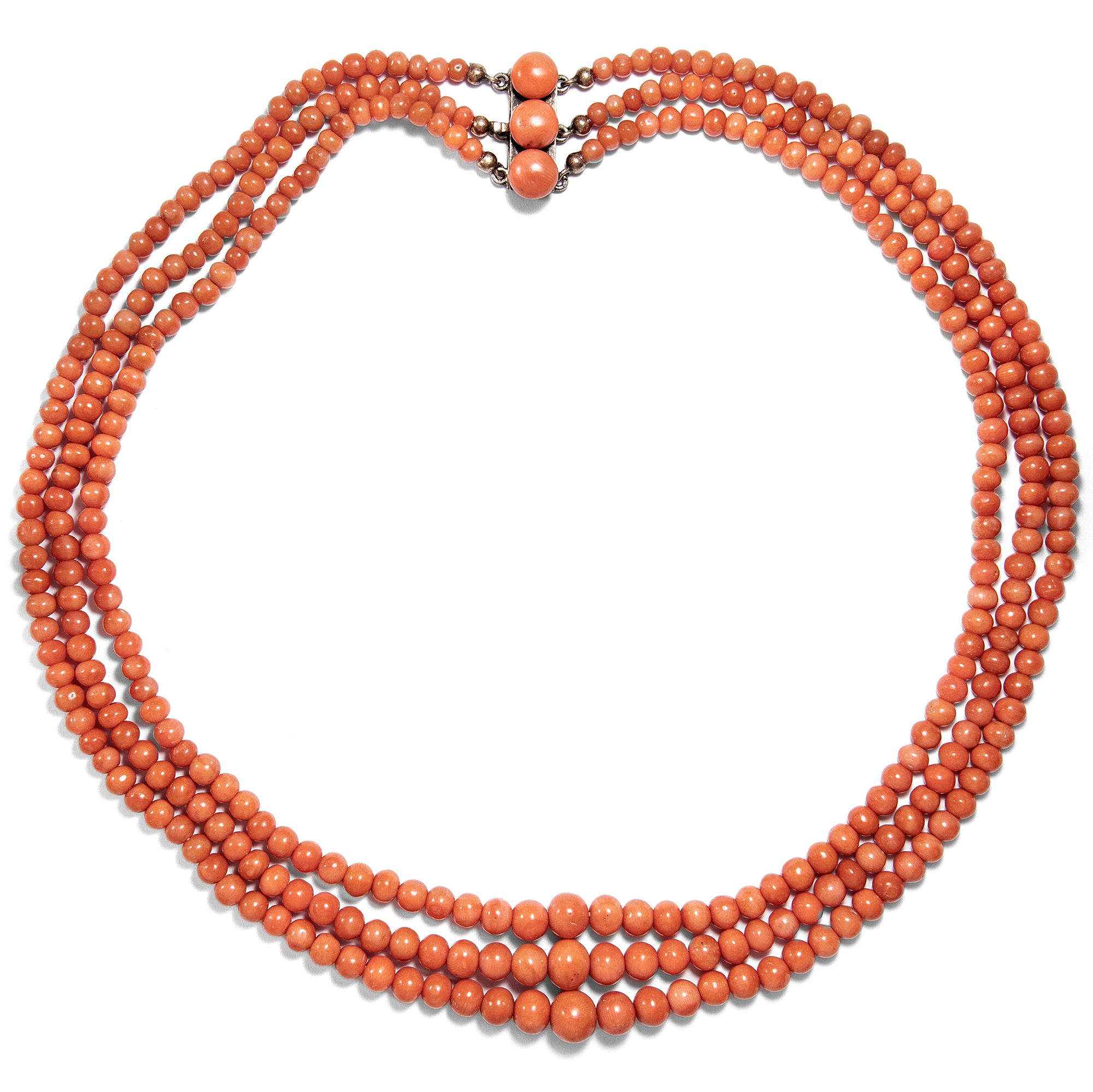 Antique Necklace Made of Three Rows of Salmon-Coloured Mediterranean Coral, Italy ca. 1900