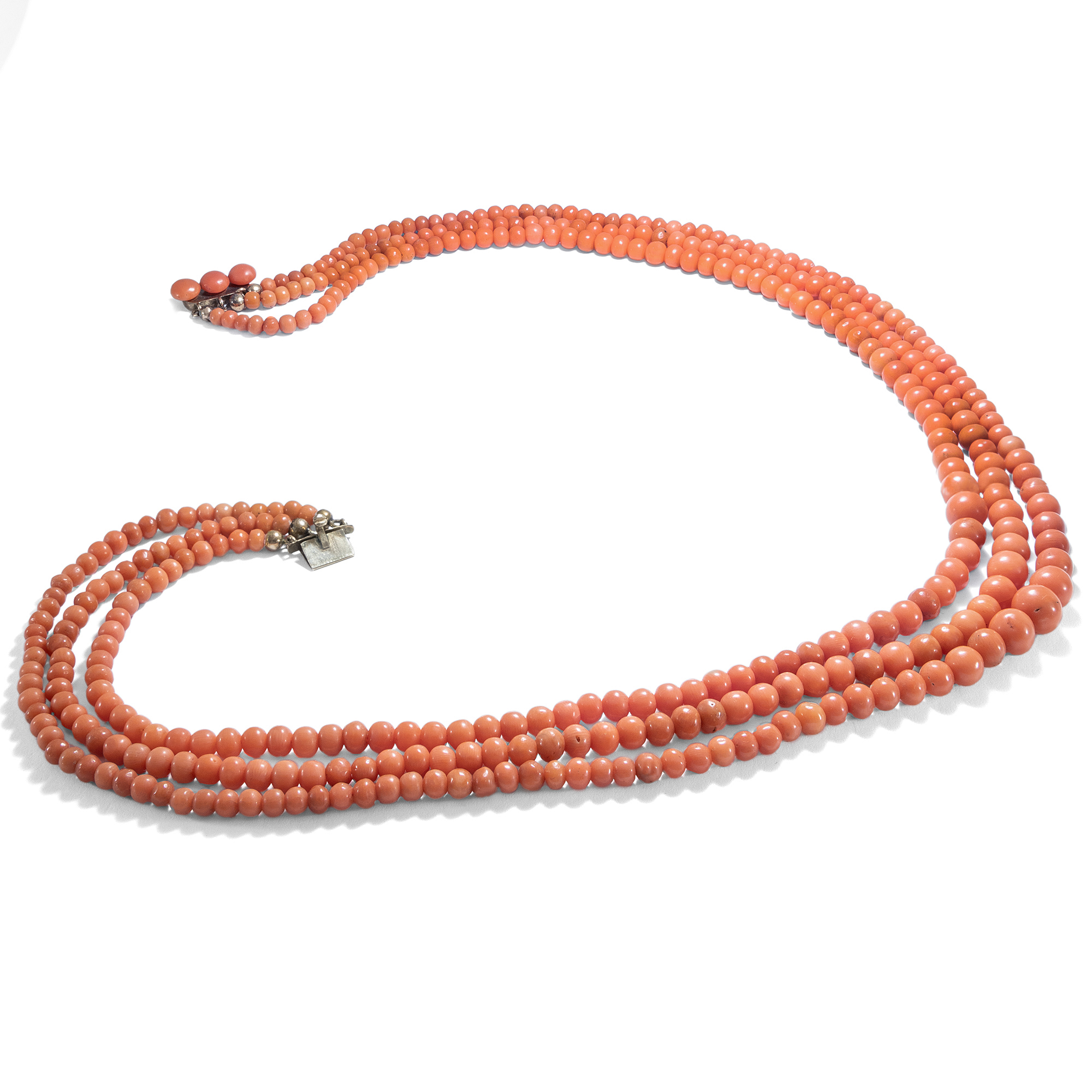 Antique, Three-Row Necklace Made of Italian Salmon Coral, Around 1900