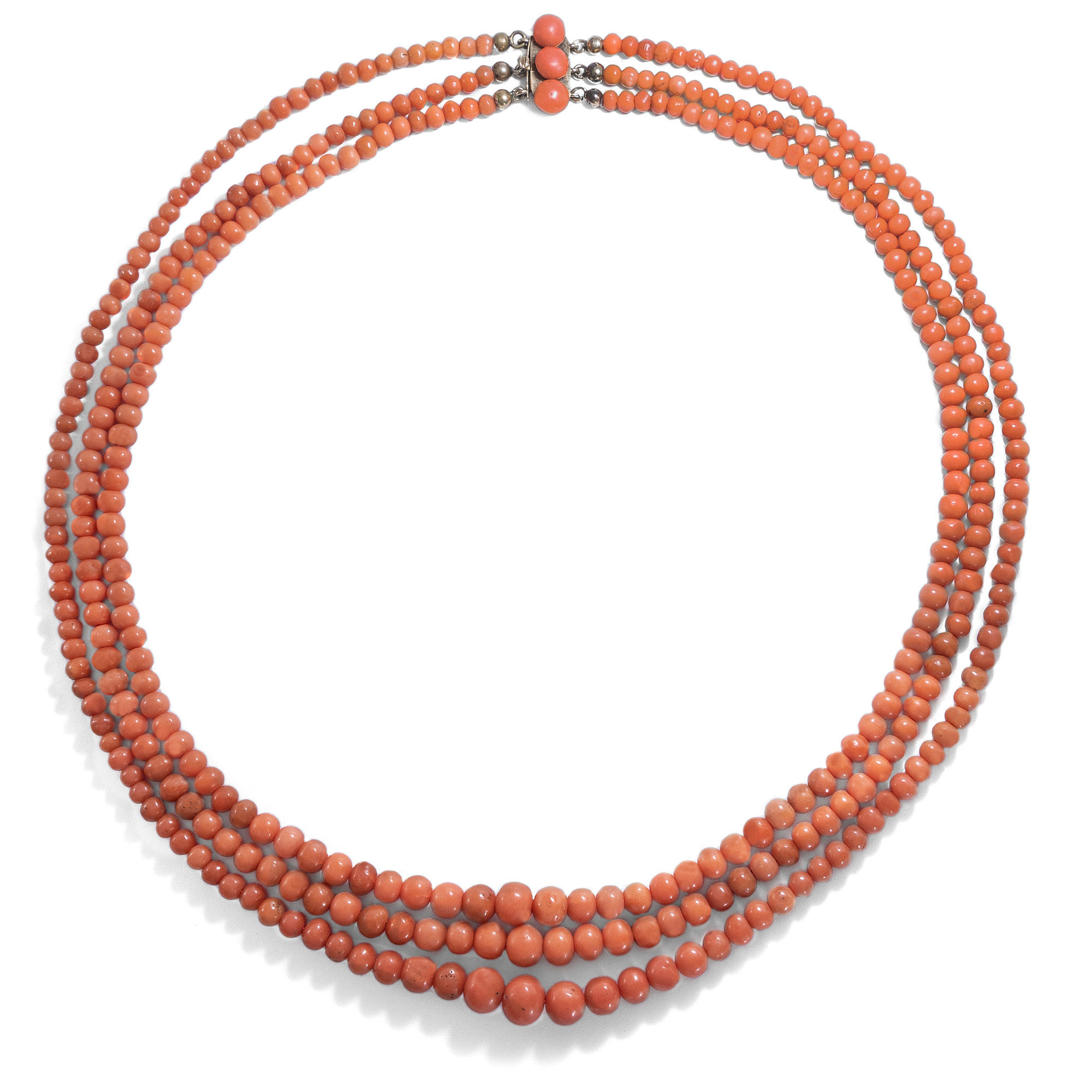 Antique, Three-Row Necklace Made of Italian Salmon Coral, c. 1900