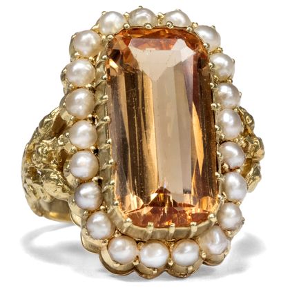 Kostbarer Imperial-Topas Ring mit Naturperlen in Gold um 1840 Kostbarer Imperial-Topas Ring mit Naturperlen in Gold um 1840