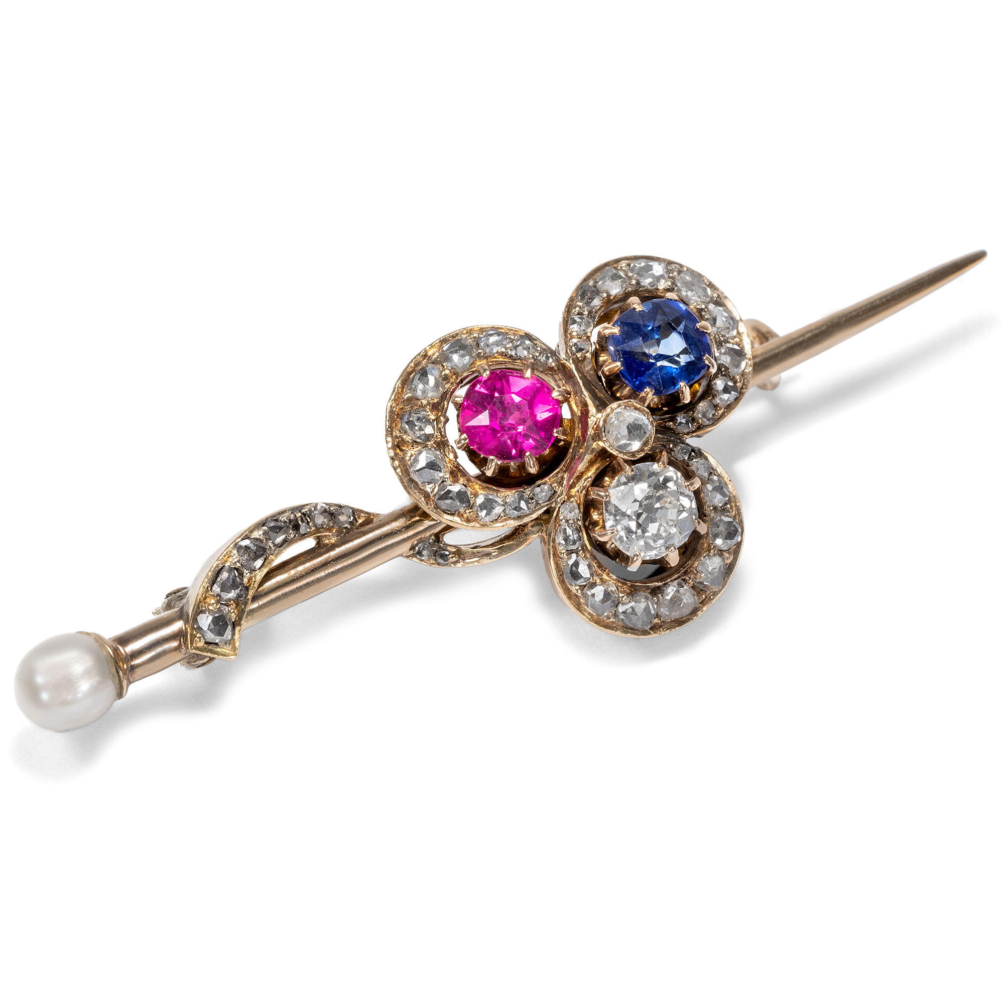 Antique Brooch With Ruby, Sapphire, Pearl & Diamonds, circa 1900