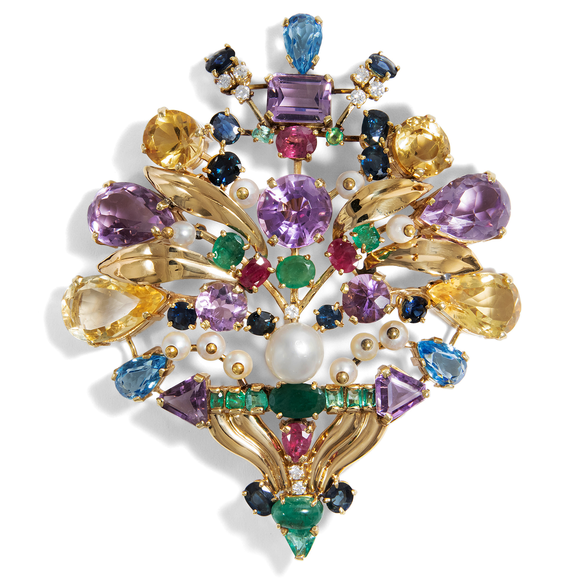 Extravagant Vintage Flower Brooch Made of Gold & Gemstones, Around 1970