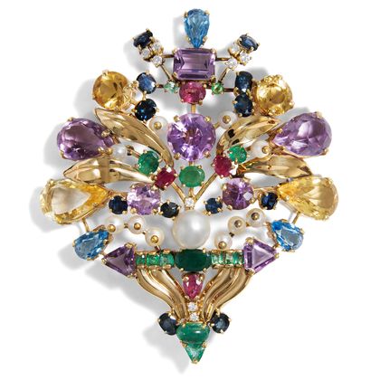 Extravagante vintage Blumen-Brosche aus Gold & Edelsteinen, um 1970 Extravagante vintage Blumen-Brosche aus Gold & Edelsteinen, um 1970
