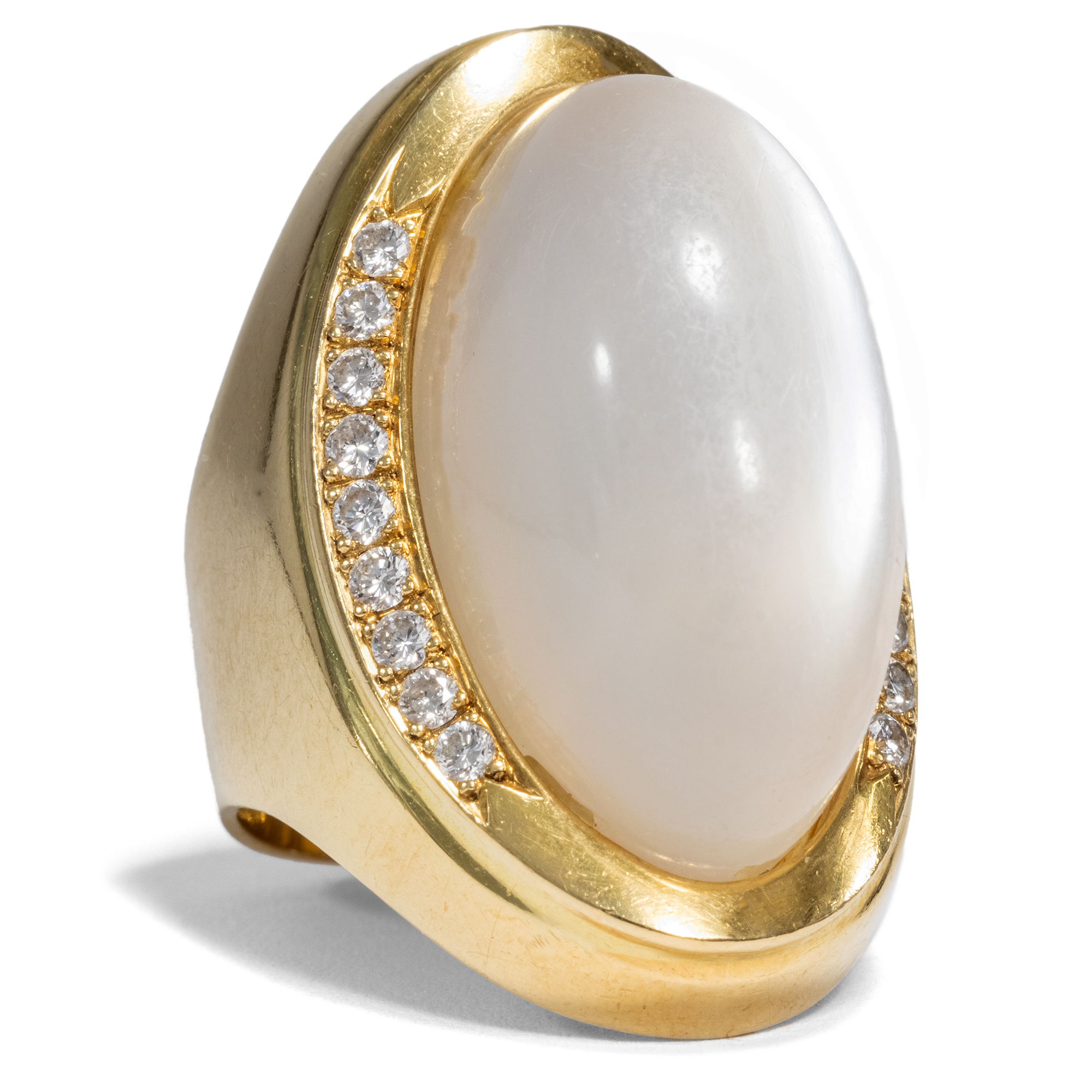 Large Statement Ring With Moonstone & Diamonds in Gold, ca. 1970