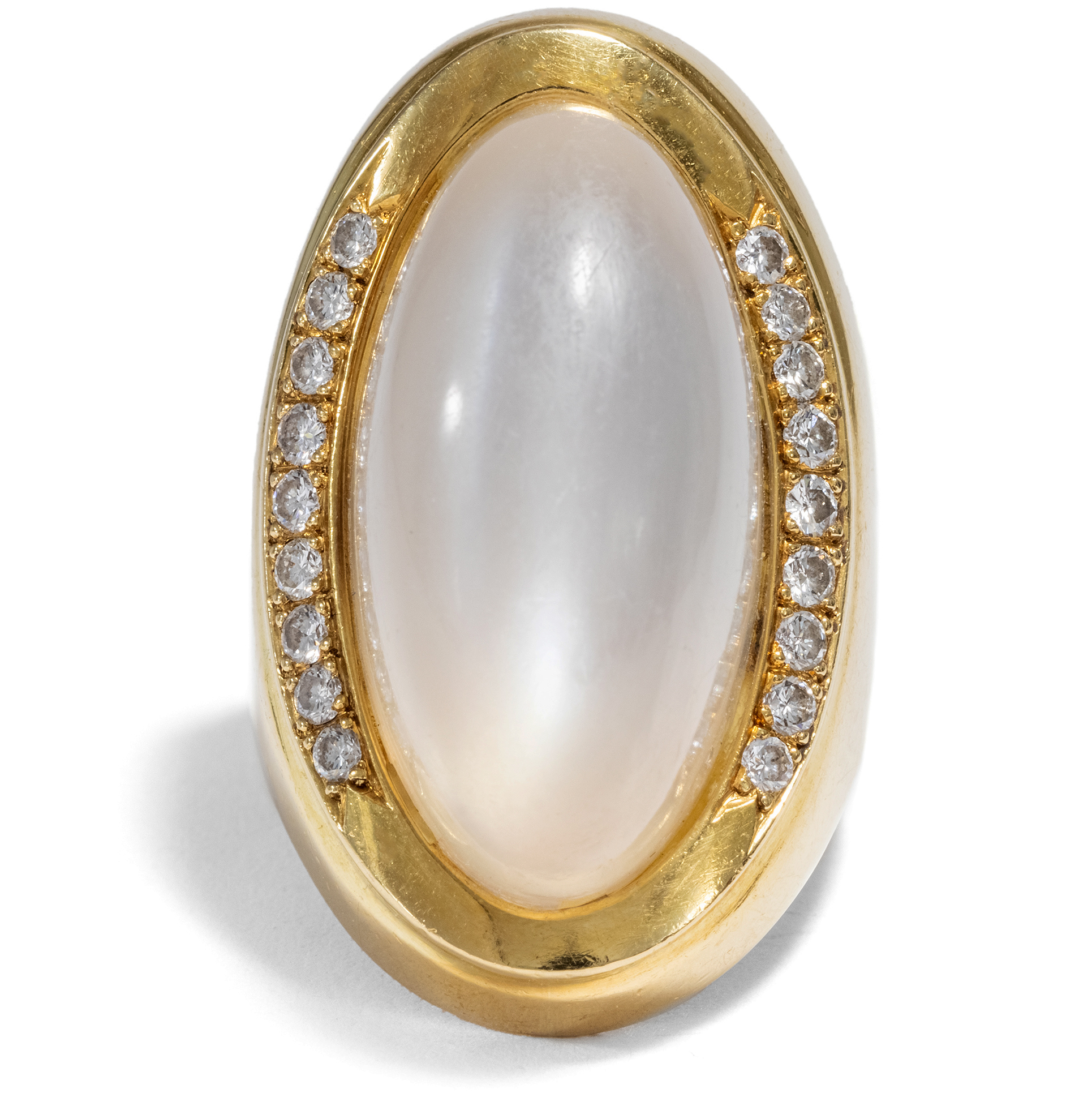 Large Statement Ring With Moonstone & Diamonds in Gold, ca. 1970