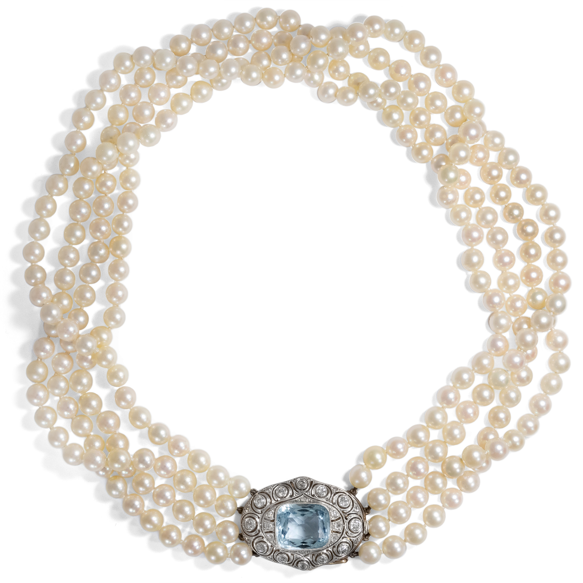 Antique Pearl Necklace With Aquamarine & Diamond Clasp, Art Déco Around 1930