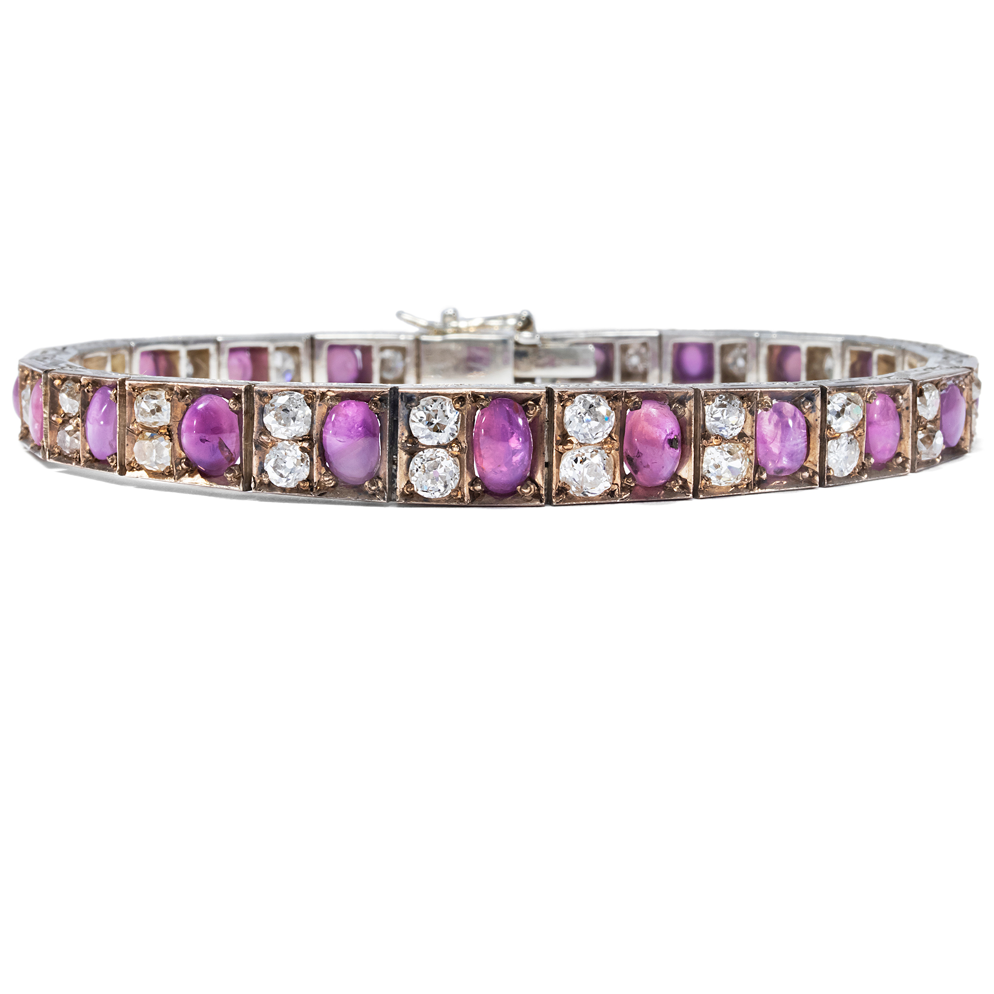 Ungewöhnliches Armband mit rosa Sternsaphiren und Diamaten, Sri Lanka um 1940
