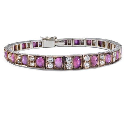 Unusual Bracelet With Pink Star Sapphires and Diamonds, Sri Lanka ca. 1940 Unusual Bracelet With Pink Star Sapphires and Diamonds, Sri Lanka ca. 1940