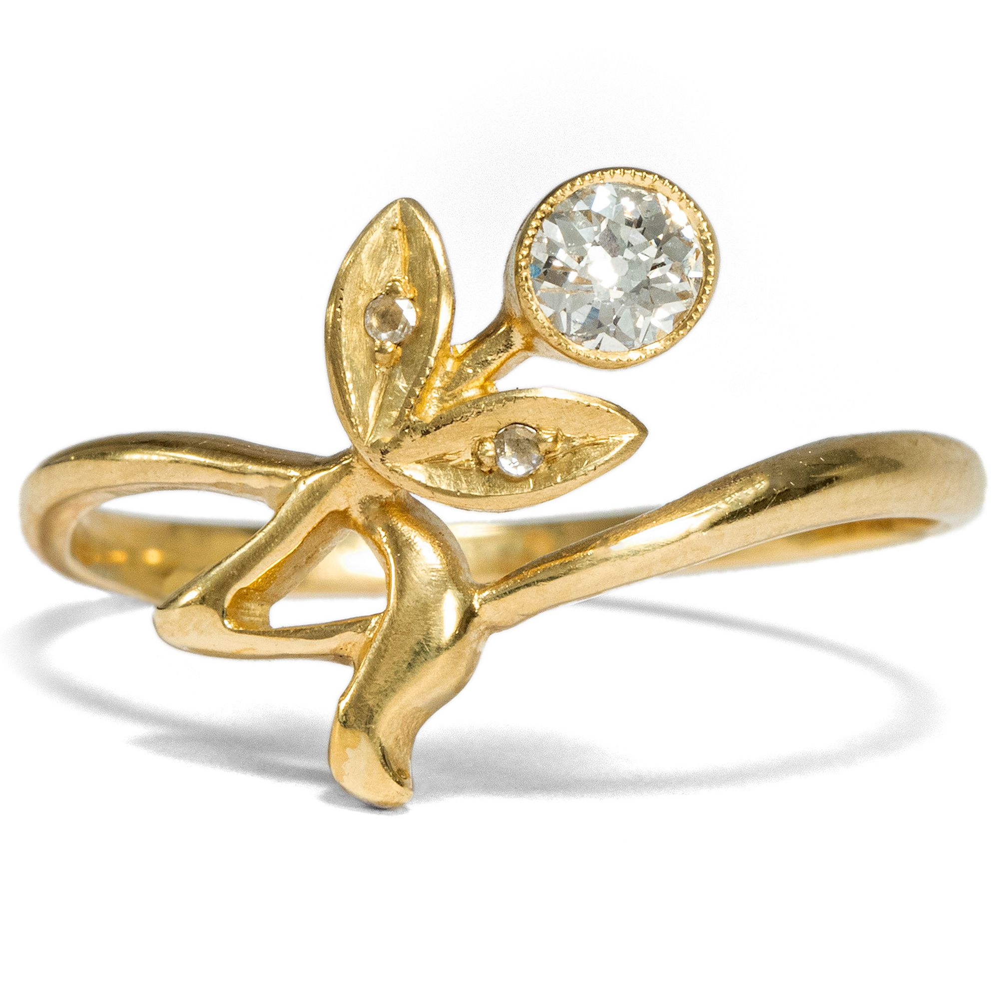 Gold Ring in Art Nouveau Shapes With Old European Cut Diamond From Our Workshop