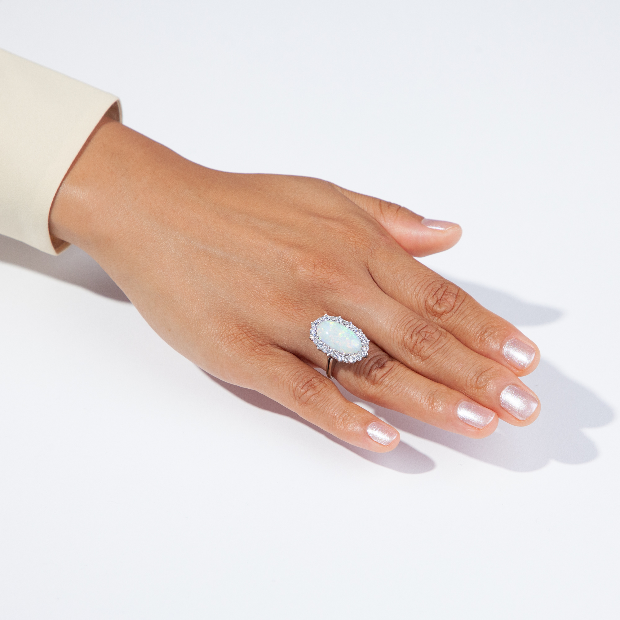 Elegant Cocktail Ring With Large Opal & Diamonds in White Gold, ca. 1970