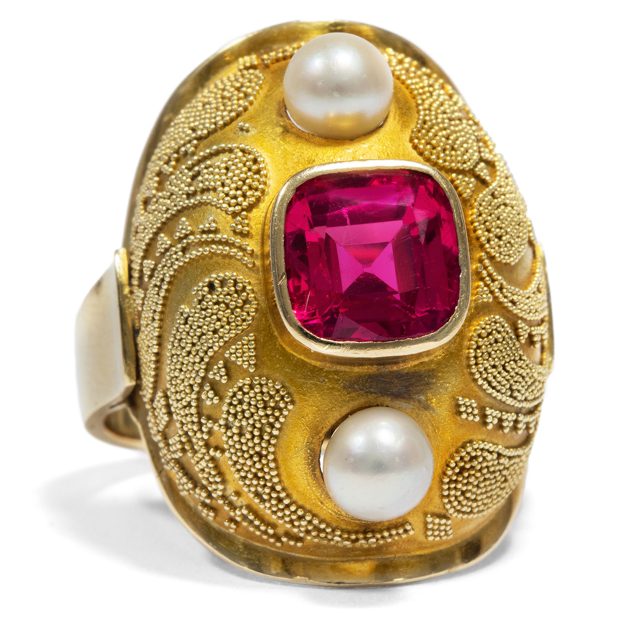 Vintage Ring mit synthetischem Rubin & Zuchtperlen in Gold, 1950er Jahre