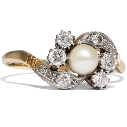 Eleganter Ring mit Diamanten & Perle in Gold & Platin, Belgien um 1950 Eleganter Ring mit Diamanten & Perle in Gold & Platin, Belgien um 1950
