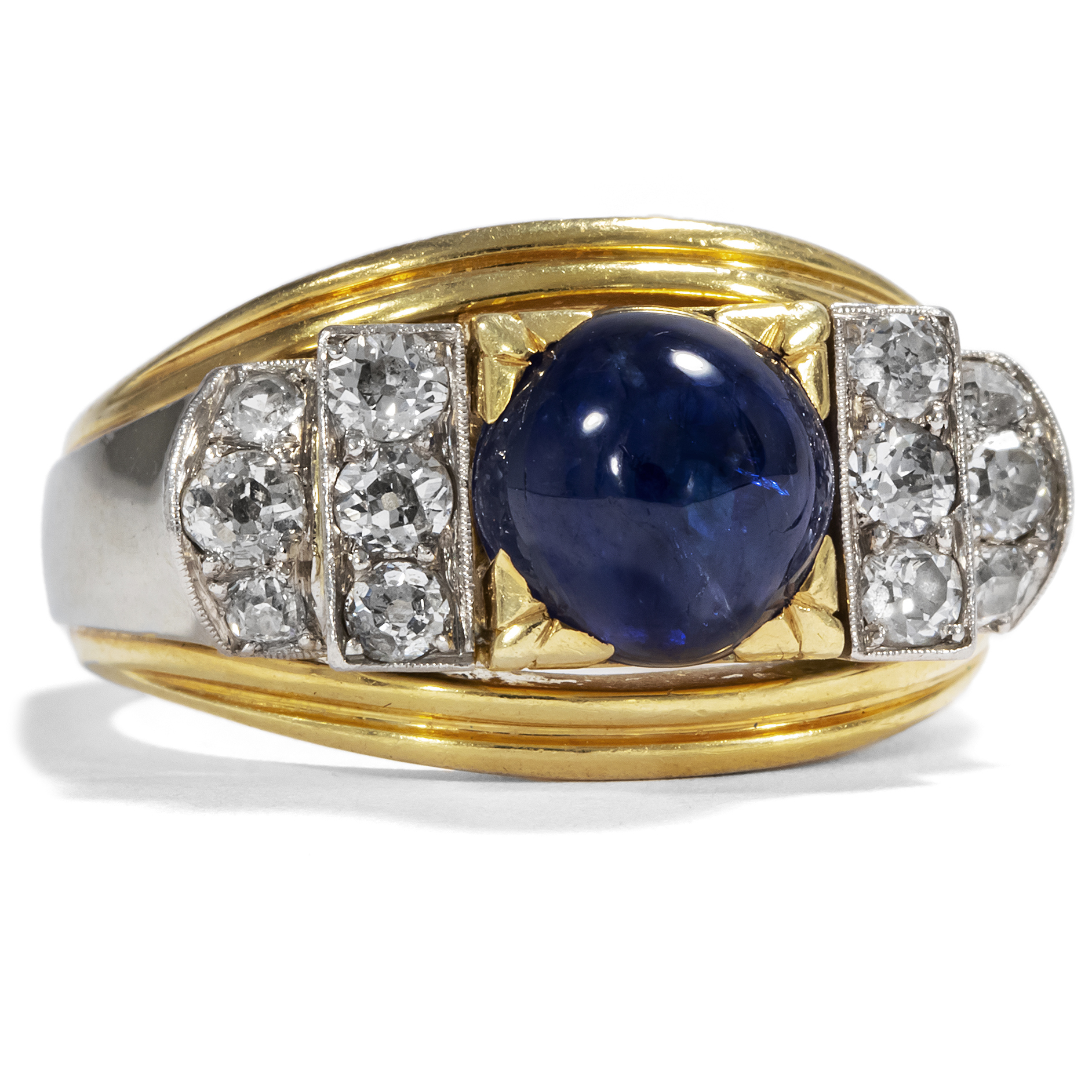 Luxurious "Retro Style" Ring with Sapphire & Diamonds, 1940s