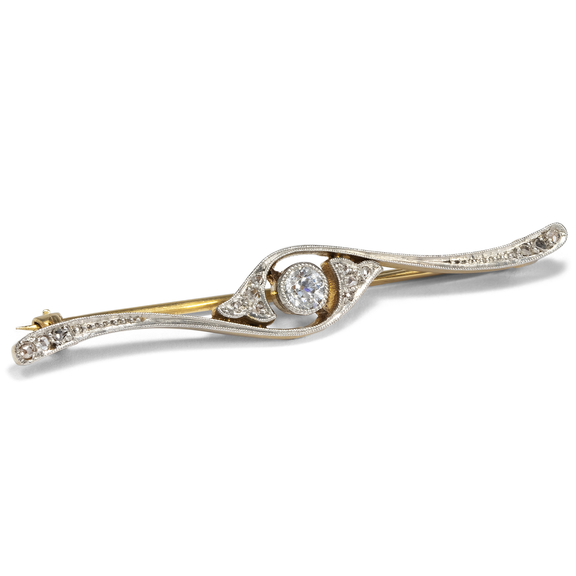 Elegante Jugendstil-Brosche mit Altschliff-Diamant, Stuttgart um 1905 Elegante Jugendstil-Brosche mit Altschliff-Diamant, Stuttgart um 1905