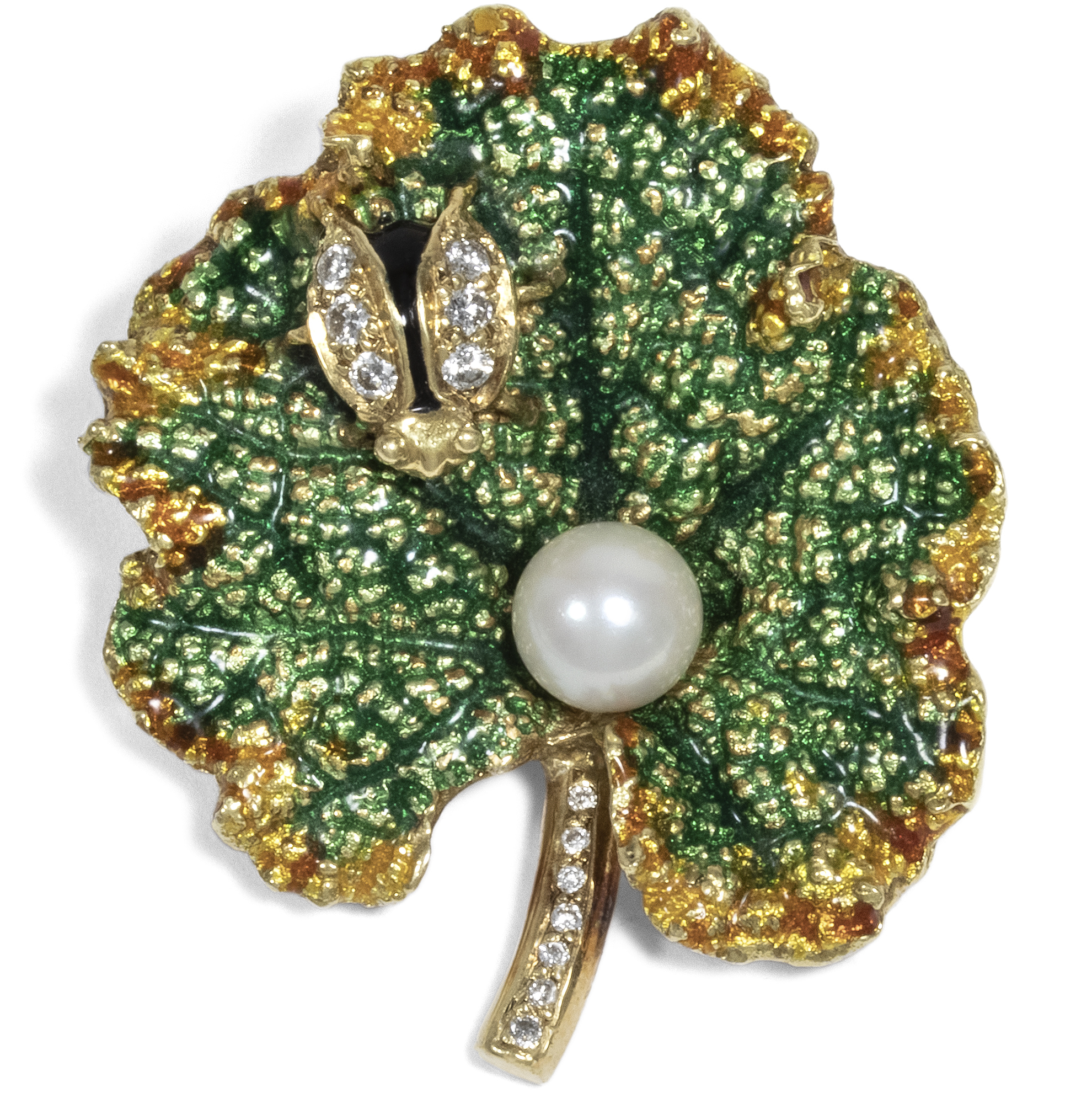 Funny Leaf Brooch in Gold With Diamonds, Pearl & Enamel, Around 1980