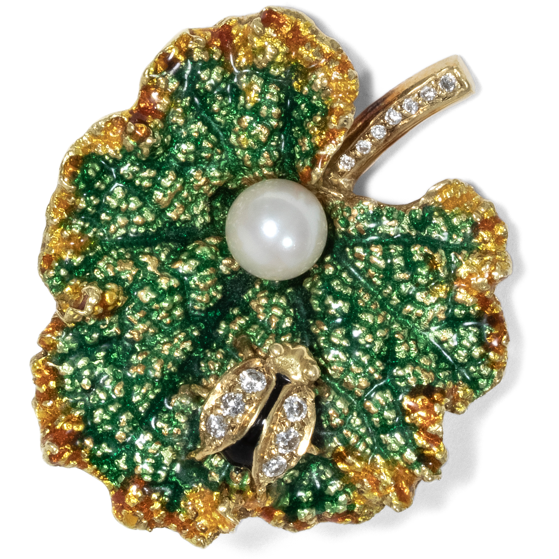 Funny Leaf Brooch in Gold With Diamonds, Pearl & Enamel, Around 1980