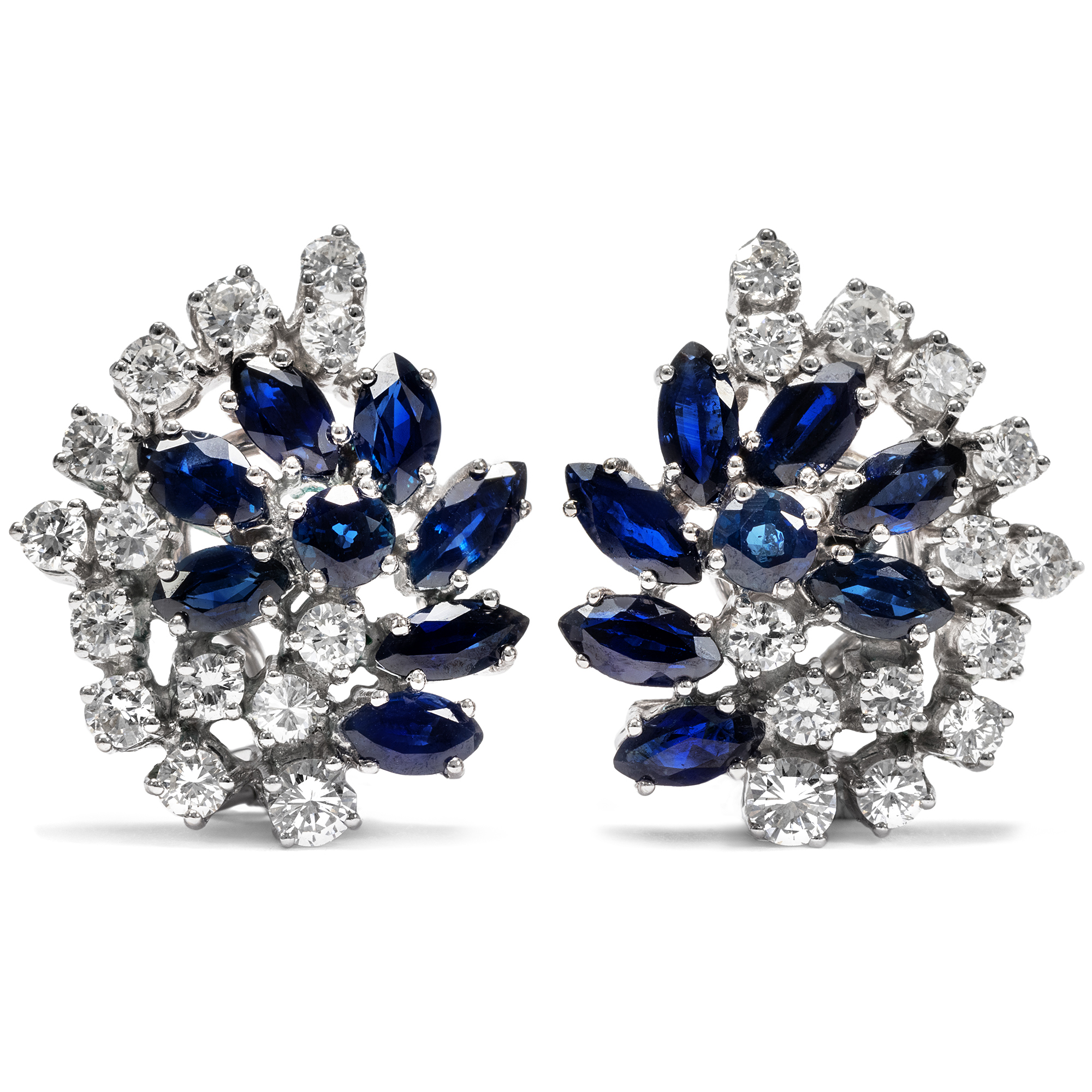 Vintage Cluster Earclips With Sapphires & Diamonds in White Gold, ca. 1970