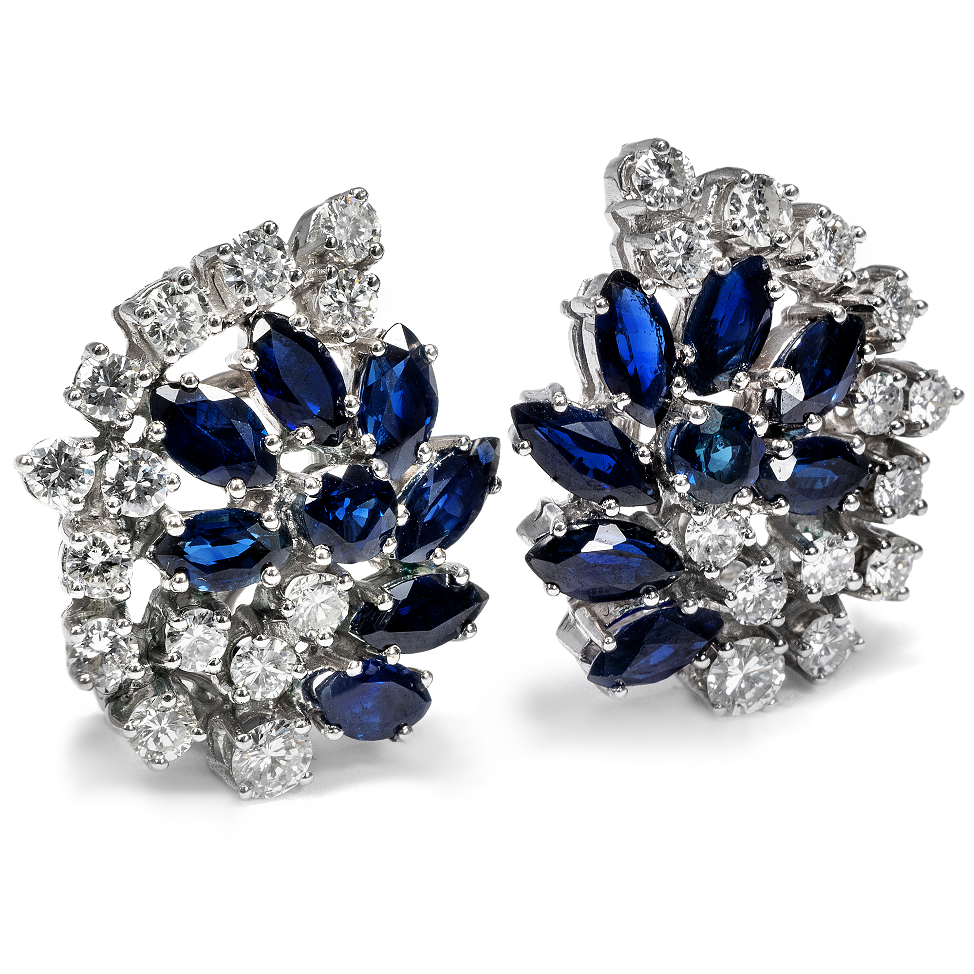 Vintage Cluster Earclips With Sapphires & Diamonds in White Gold, ca. 1970