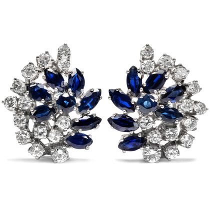 Vintage Cluster Earclips With Sapphires & Diamonds in White Gold, ca. 1970 Vintage Cluster Earclips With Sapphires & Diamonds in White Gold, ca. 1970