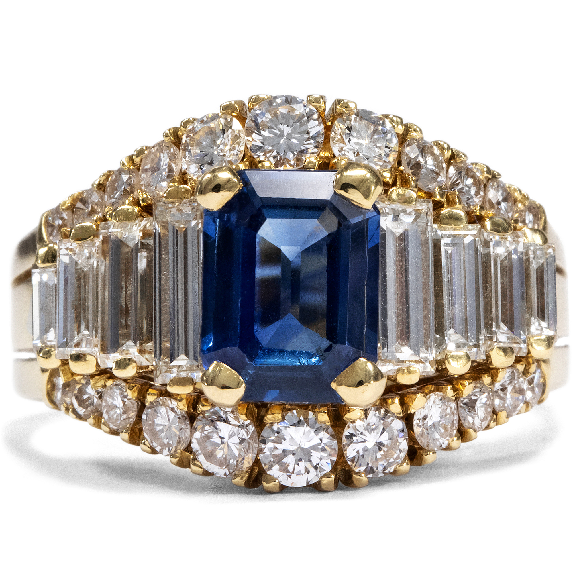 Vintage Sapphire Ring With Diamonds & Diamond Baguettes in Gold, 1980s