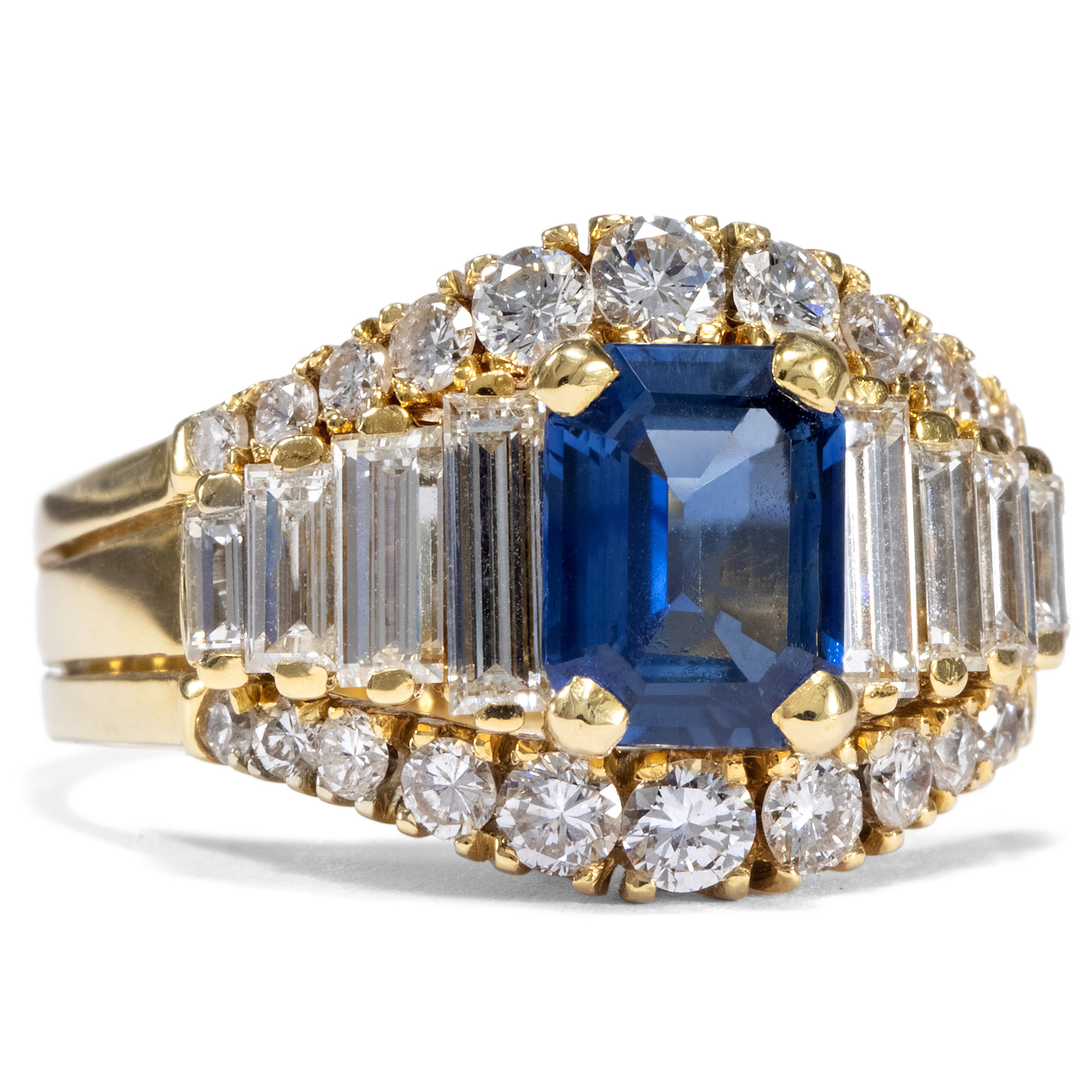 Vintage Sapphire Ring With Diamonds & Diamond Baguettes in Gold, 1980s