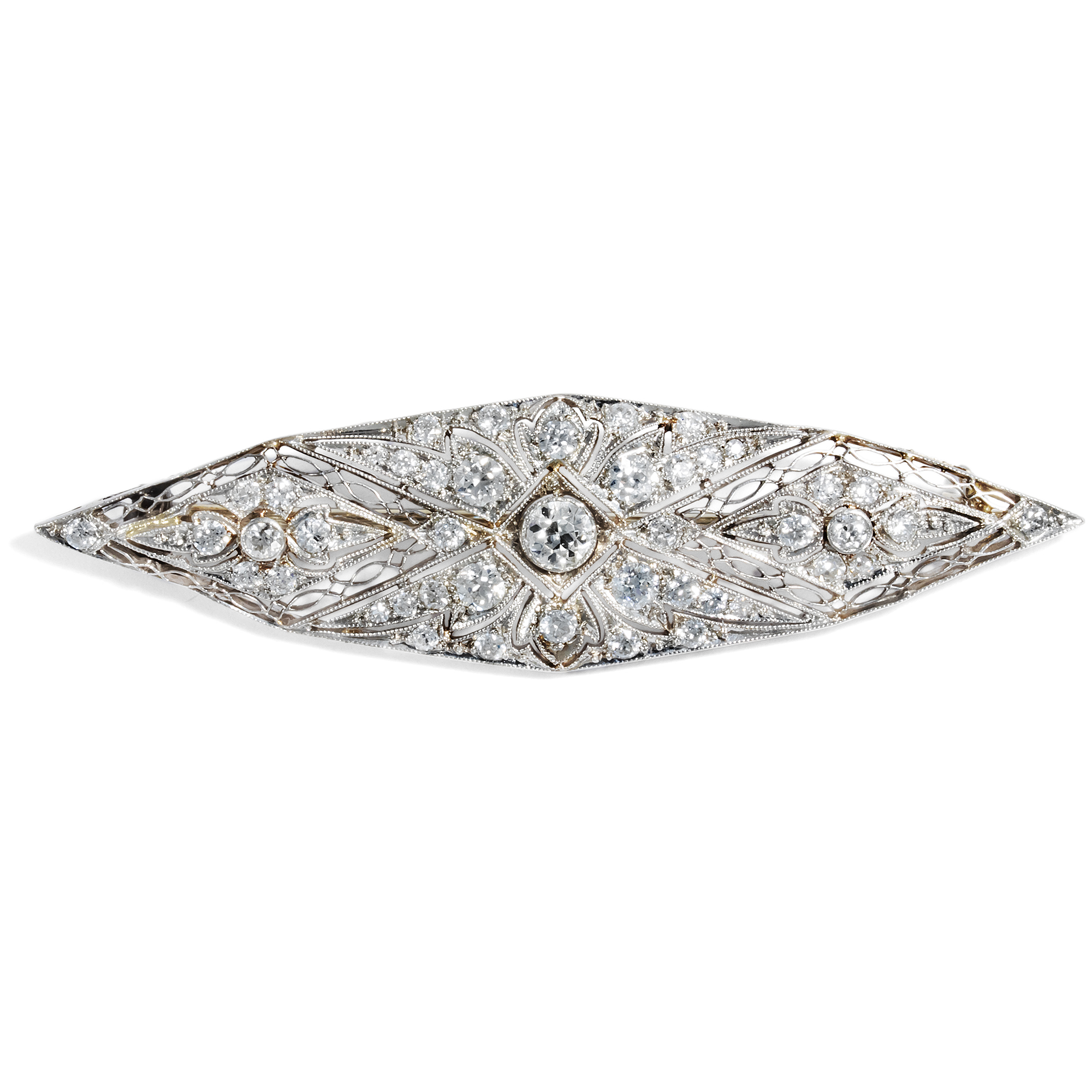 Edle Brosche mit Altschliff-Diamanten in Platin, wohl USA, 1920er Jahre