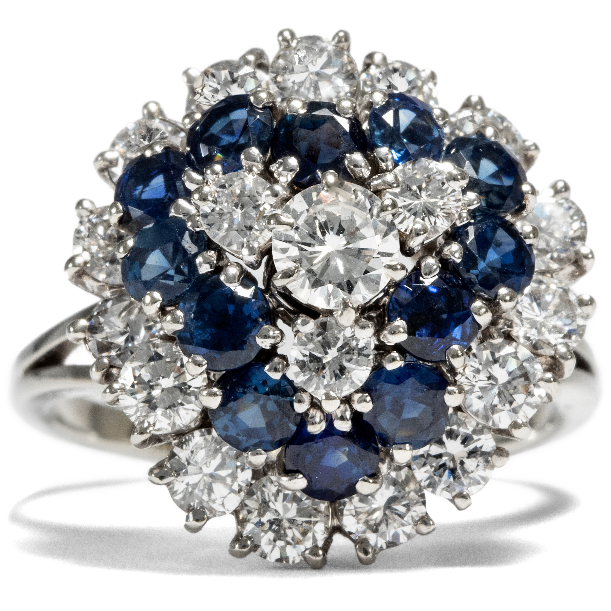 Vintage Cluster Ring With Sapphires & Diamonds in White Gold, ca. 1970