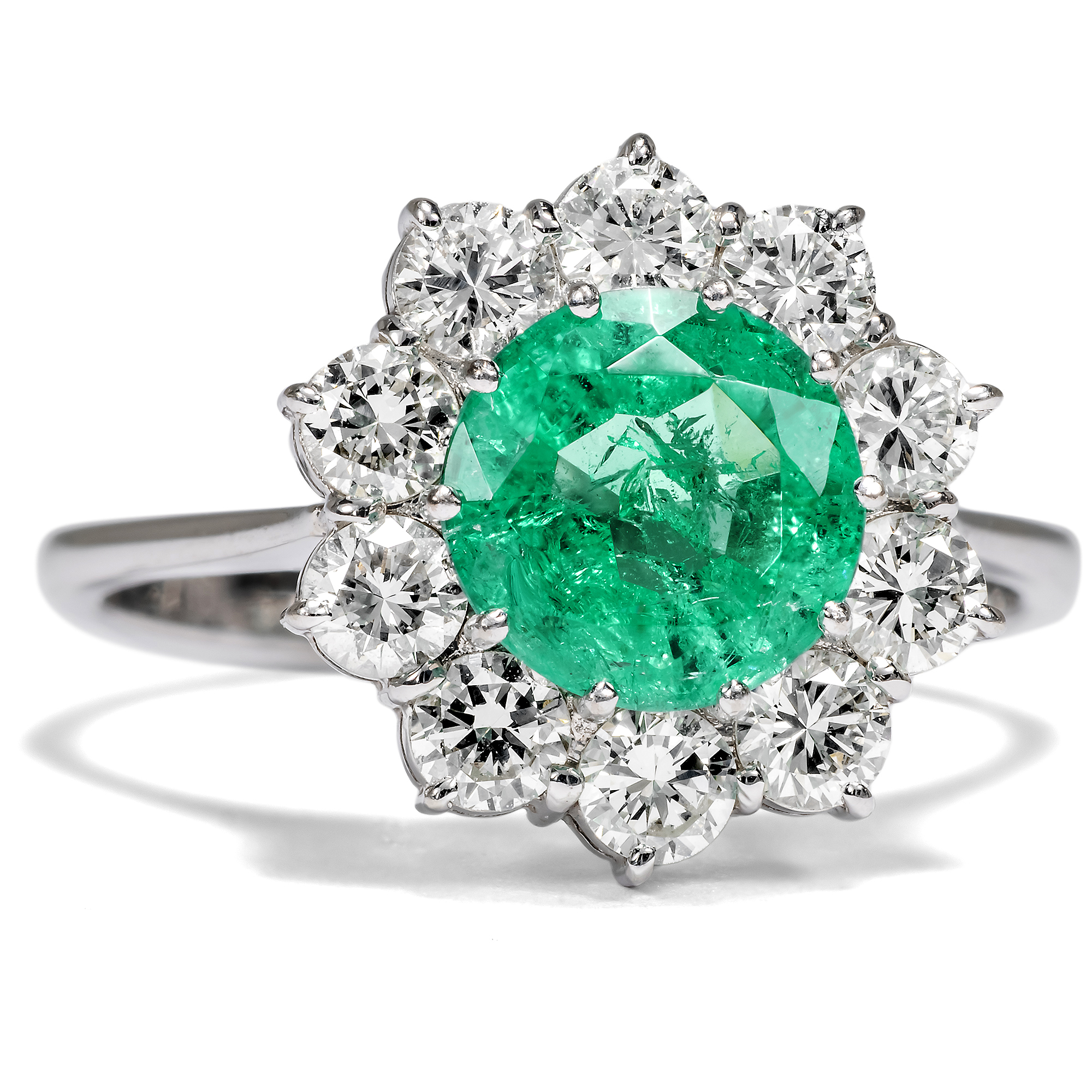 Classic Entourage Ring With Emerald & Diamonds in White Gold, ca. 1980