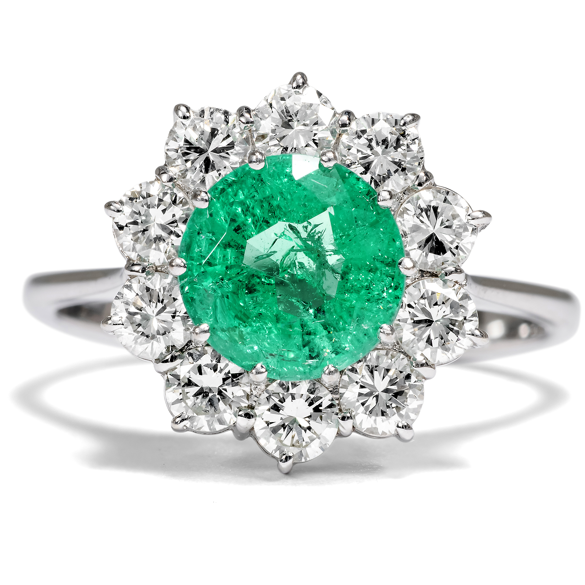 Classic Entourage Ring With Emerald & Diamonds in White Gold, ca. 1980