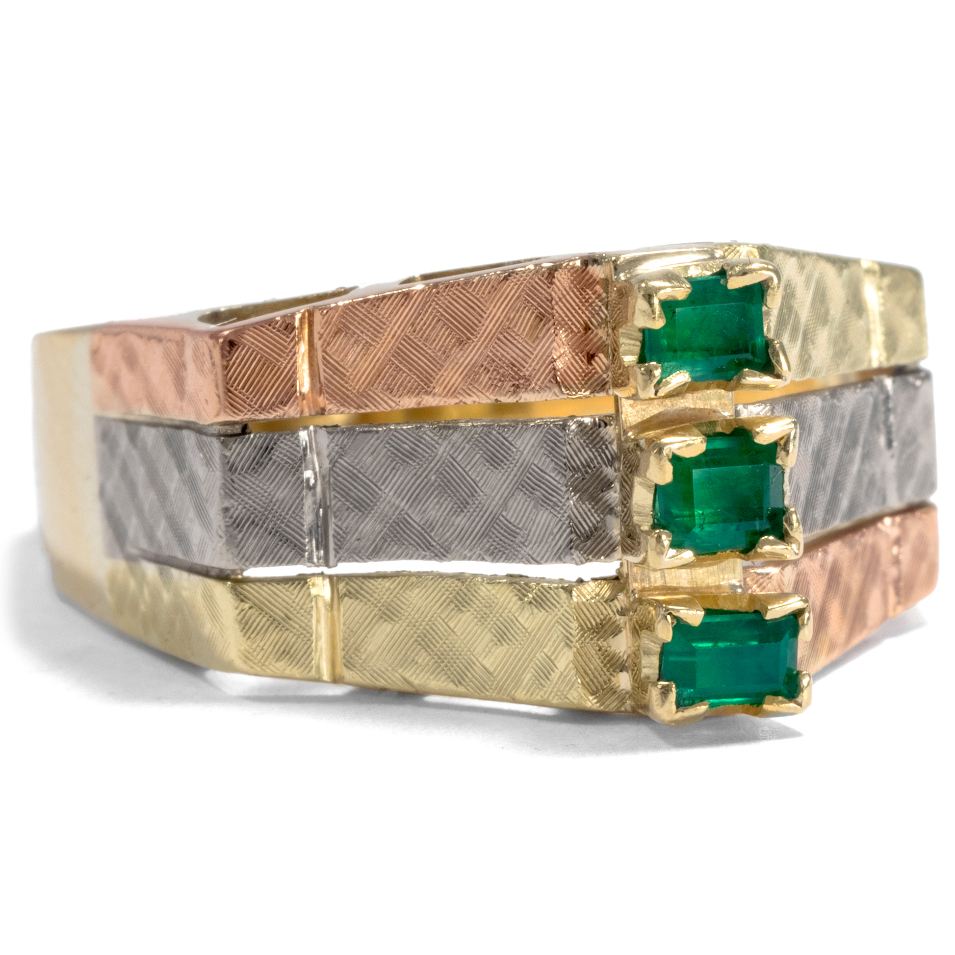 Unusual Vintage Ring With Emeralds and Tricolour Gold, USA 1950s