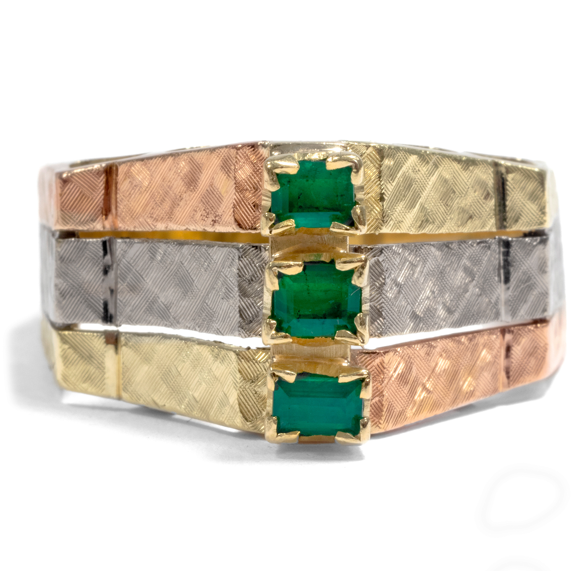 Unusual Vintage Ring With Emeralds and Tricolour Gold, USA 1950s