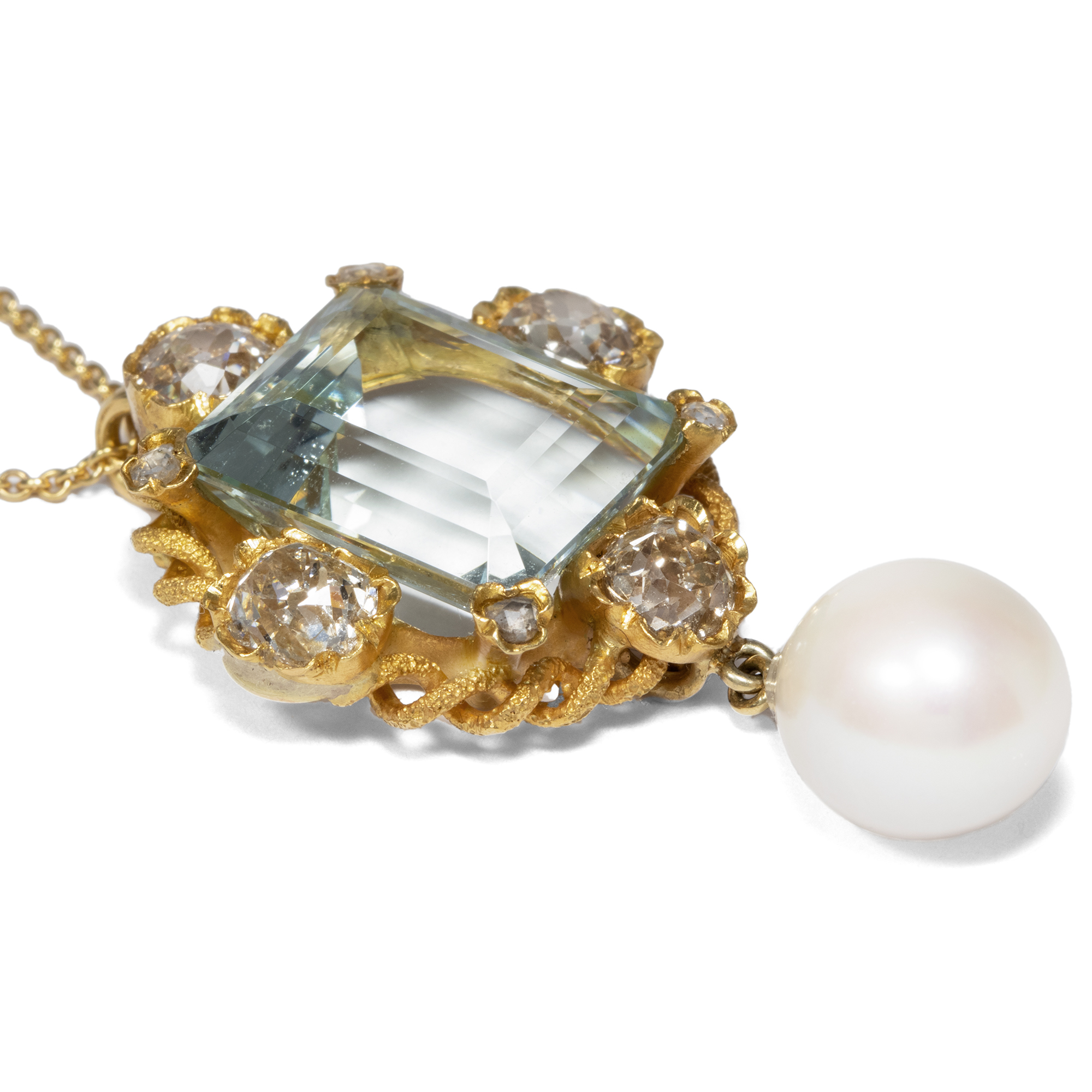 Golden Pendant With Aquamarine, Diamonds & Pearl, Great Britain ca. 1850 & Later