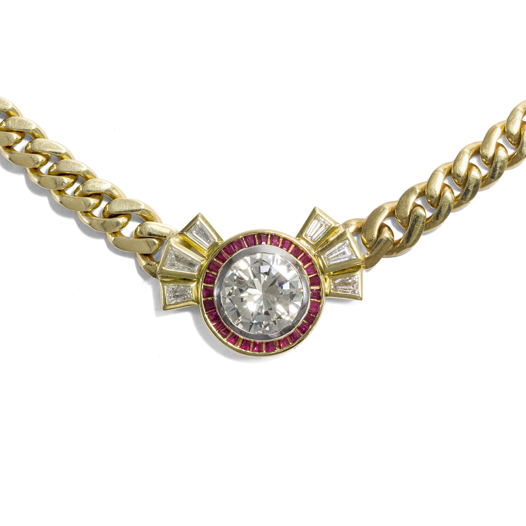 Erstklassiges vintage Gold-Collier mit Fünfkaräter Diamant und Rubinen um 1985