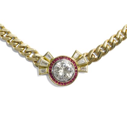 Erstklassiges vintage Gold-Collier mit Fünfkaräter Diamant und Rubinen um 1985 Erstklassiges vintage Gold-Collier mit Fünfkaräter Diamant und Rubinen um 1985