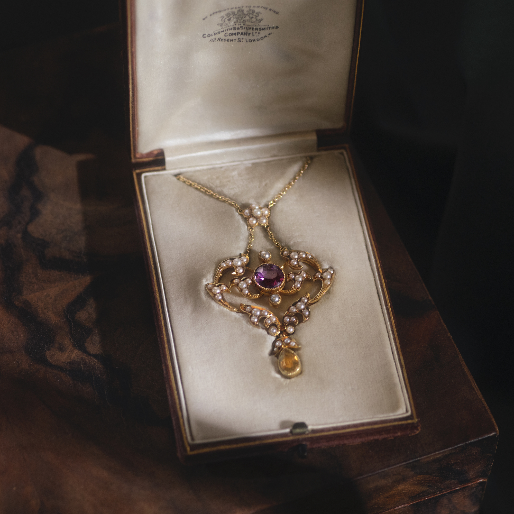 Antikes Collier mit Amethyst, Citrin & Perlen in Gold, Großbritannien um 1905