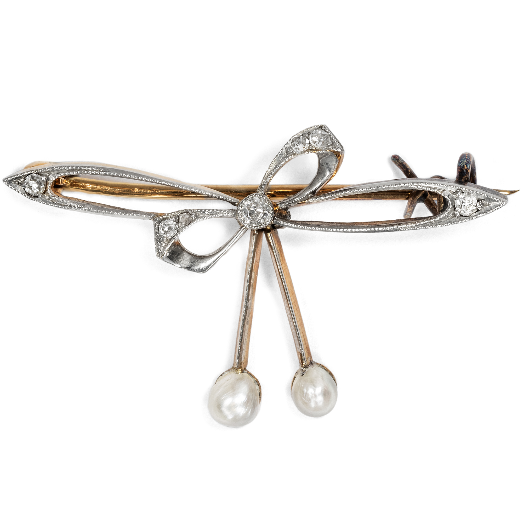 Graceful Bow Brooch With Natural Pearls & Diamonds, Around 1910